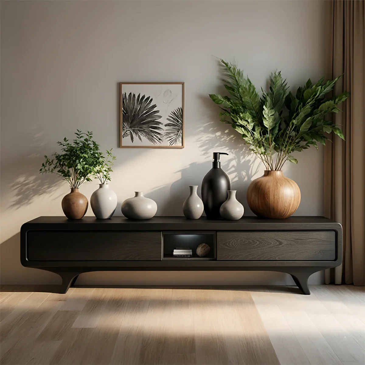 Organic Curved Solid Wood TV Stand – Mid-Century Modern Media Console - Rustira