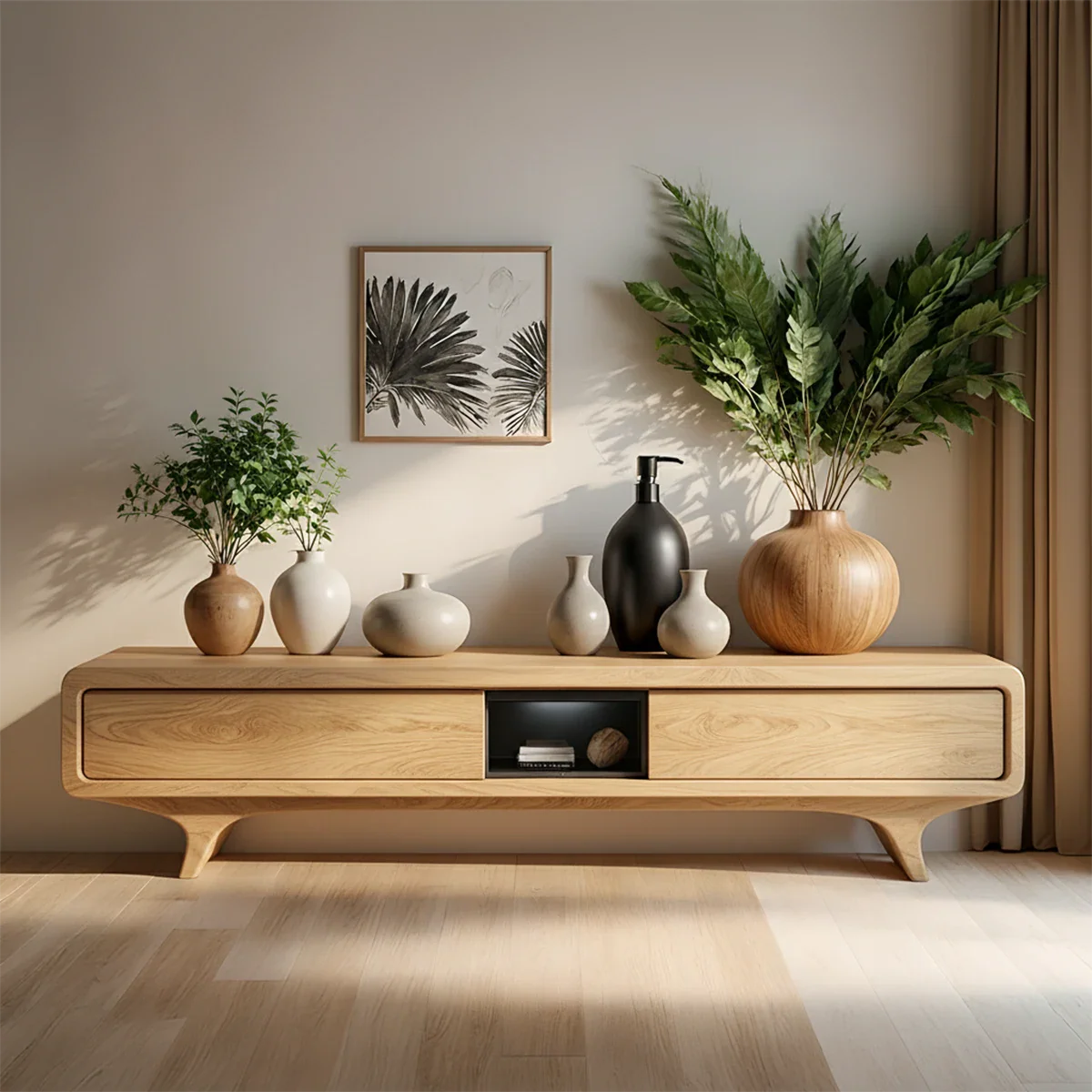 Organic Curved Solid Wood TV Stand – Mid-Century Modern Media Console - Rustira