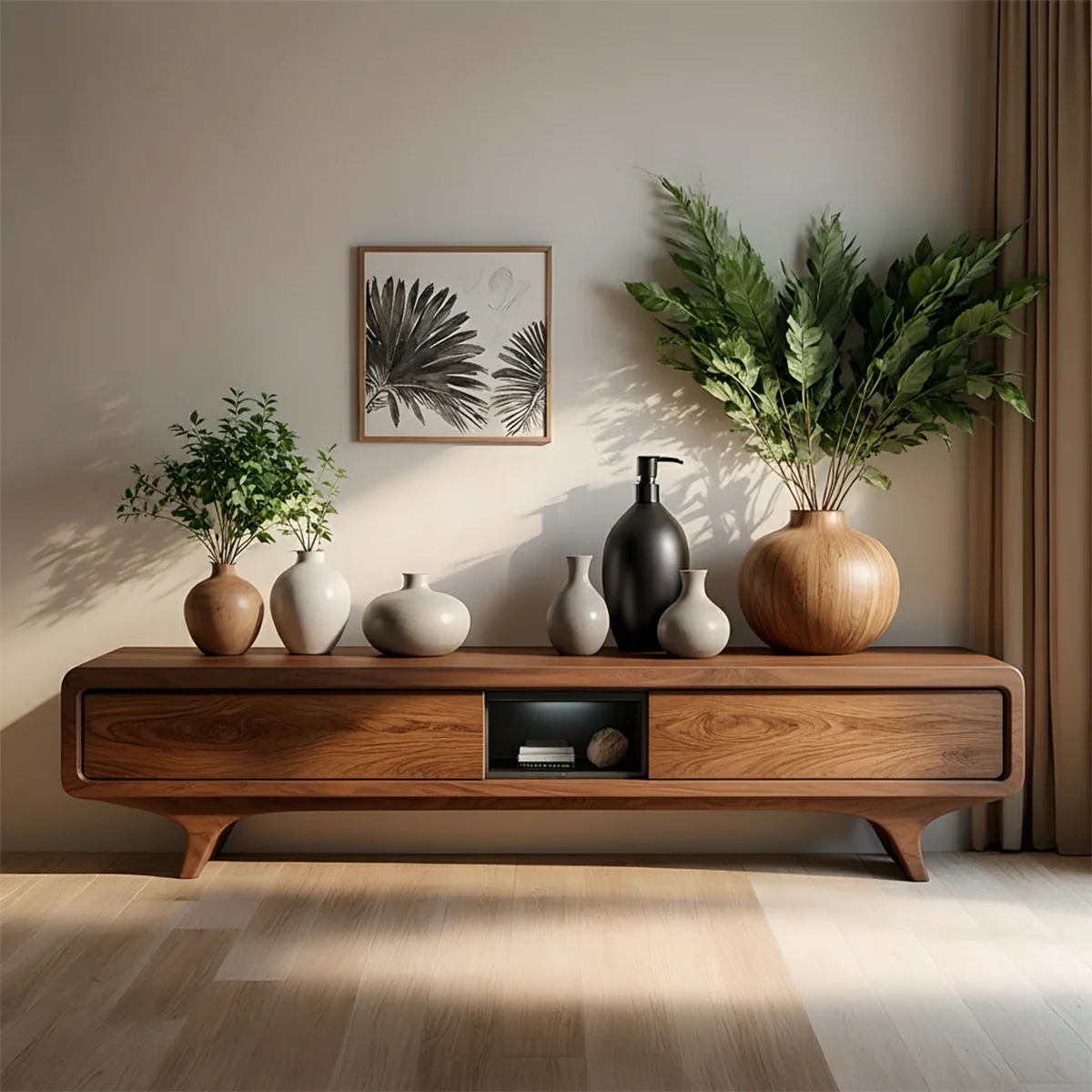 Organic Curved Solid Wood TV Stand – Mid-Century Modern Media Console - Rustira