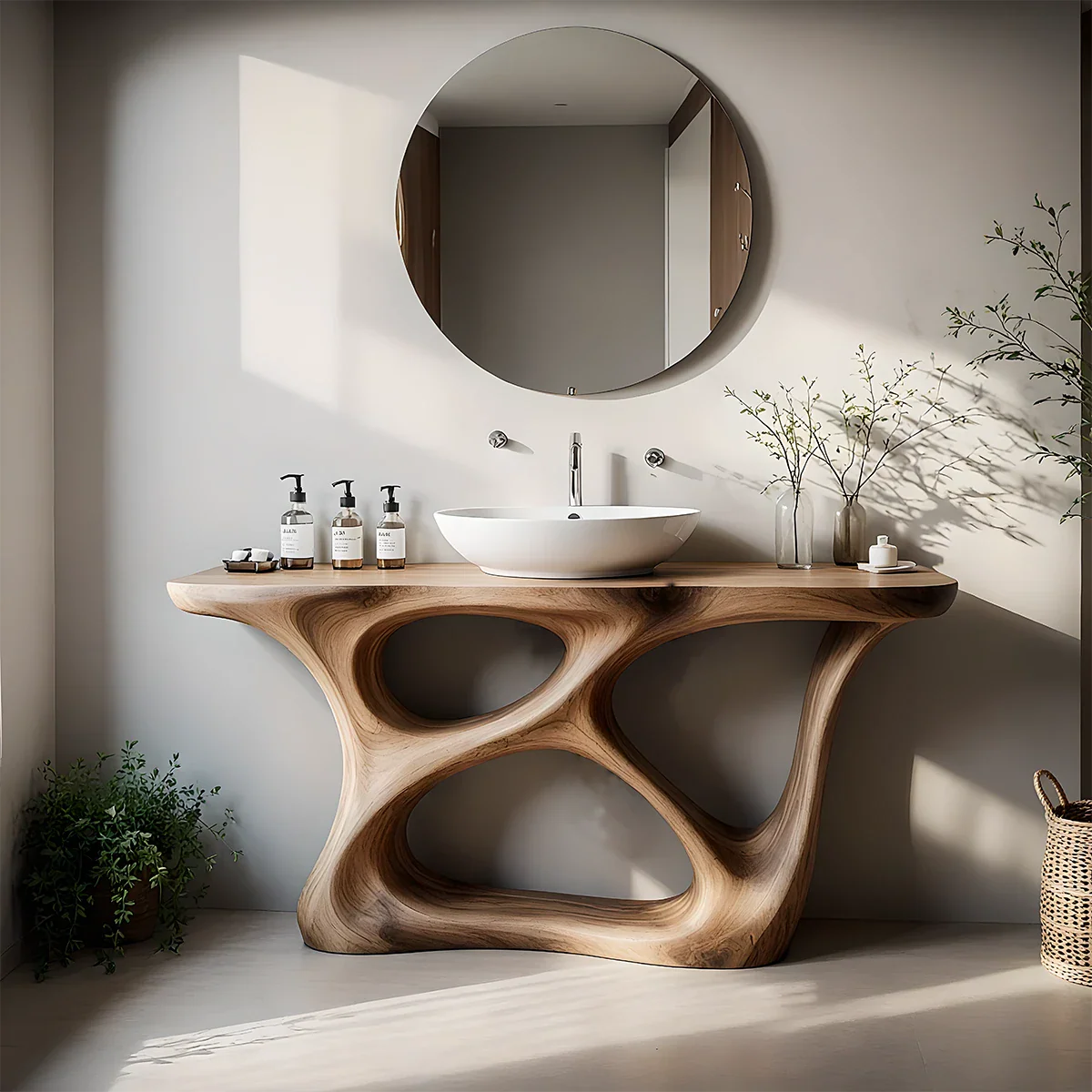 Organic Flow Solid Wood Vanity with Sculptural Form - Rustira