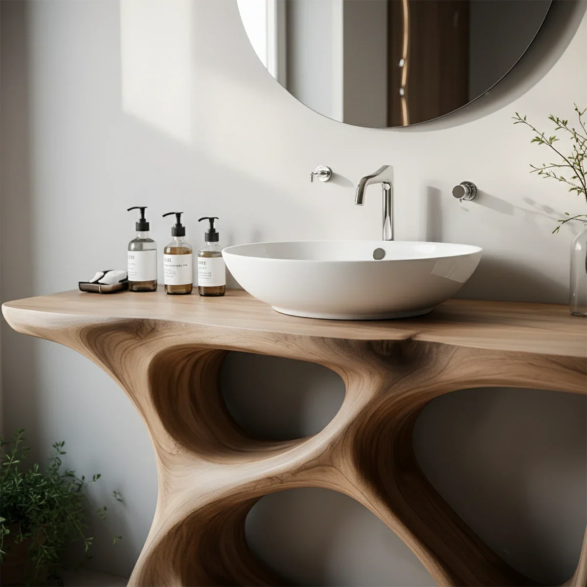 Organic Flow Solid Wood Vanity with Sculptural Form - Rustira