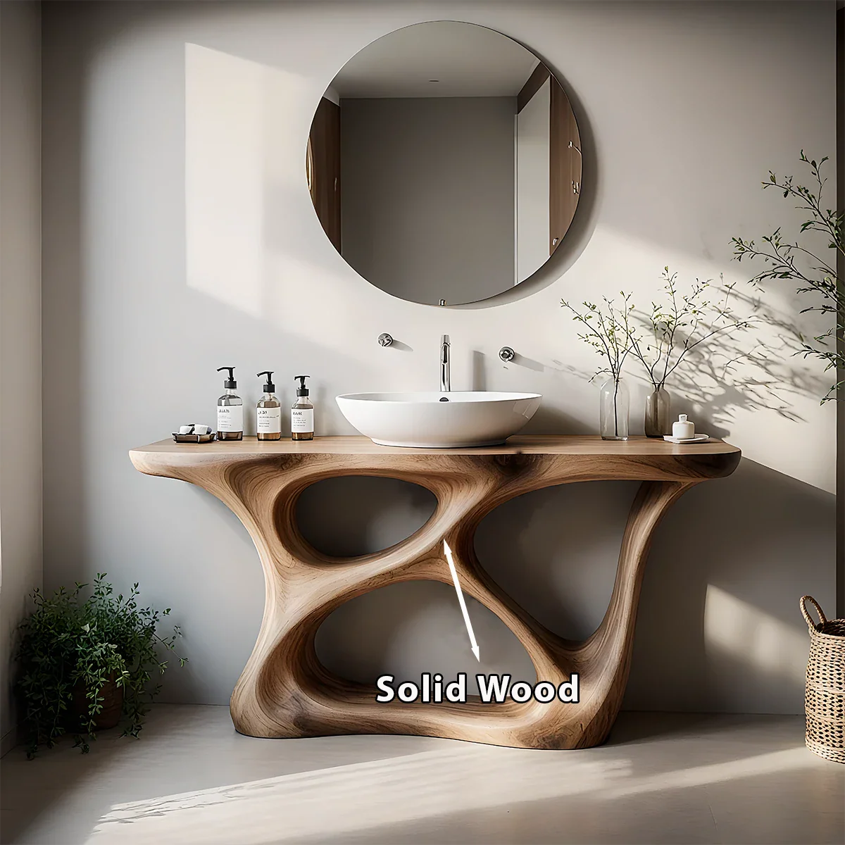 Organic Flow Solid Wood Vanity with Sculptural Form - Rustira