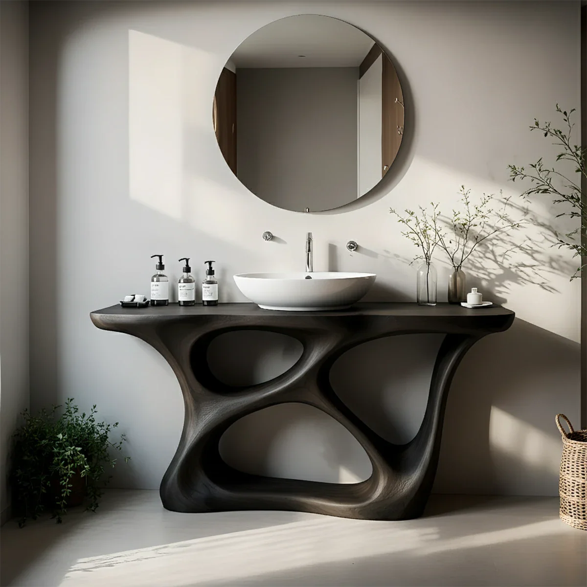 Organic Flow Solid Wood Vanity with Sculptural Form - Rustira