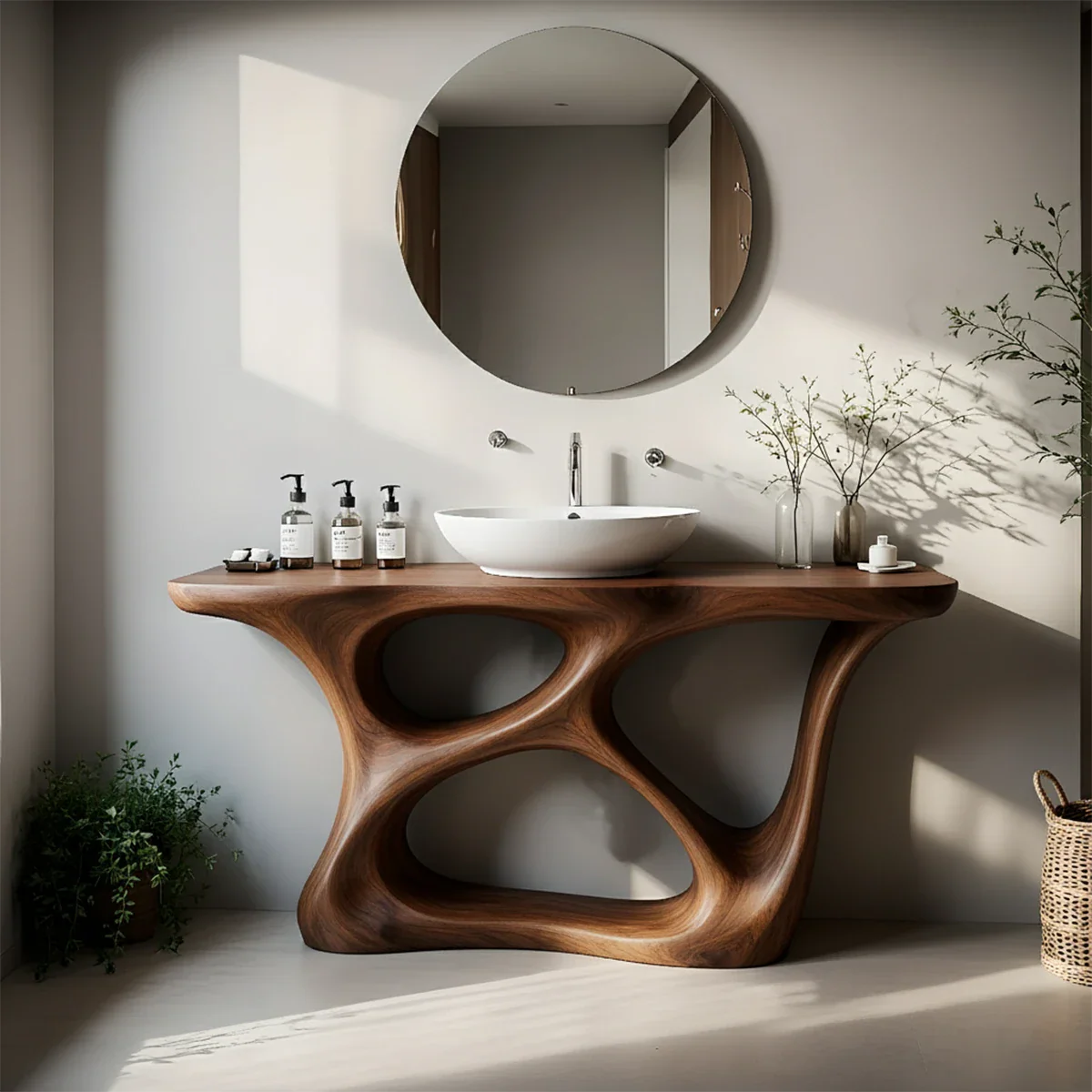 Organic Flow Solid Wood Vanity with Sculptural Form - Rustira