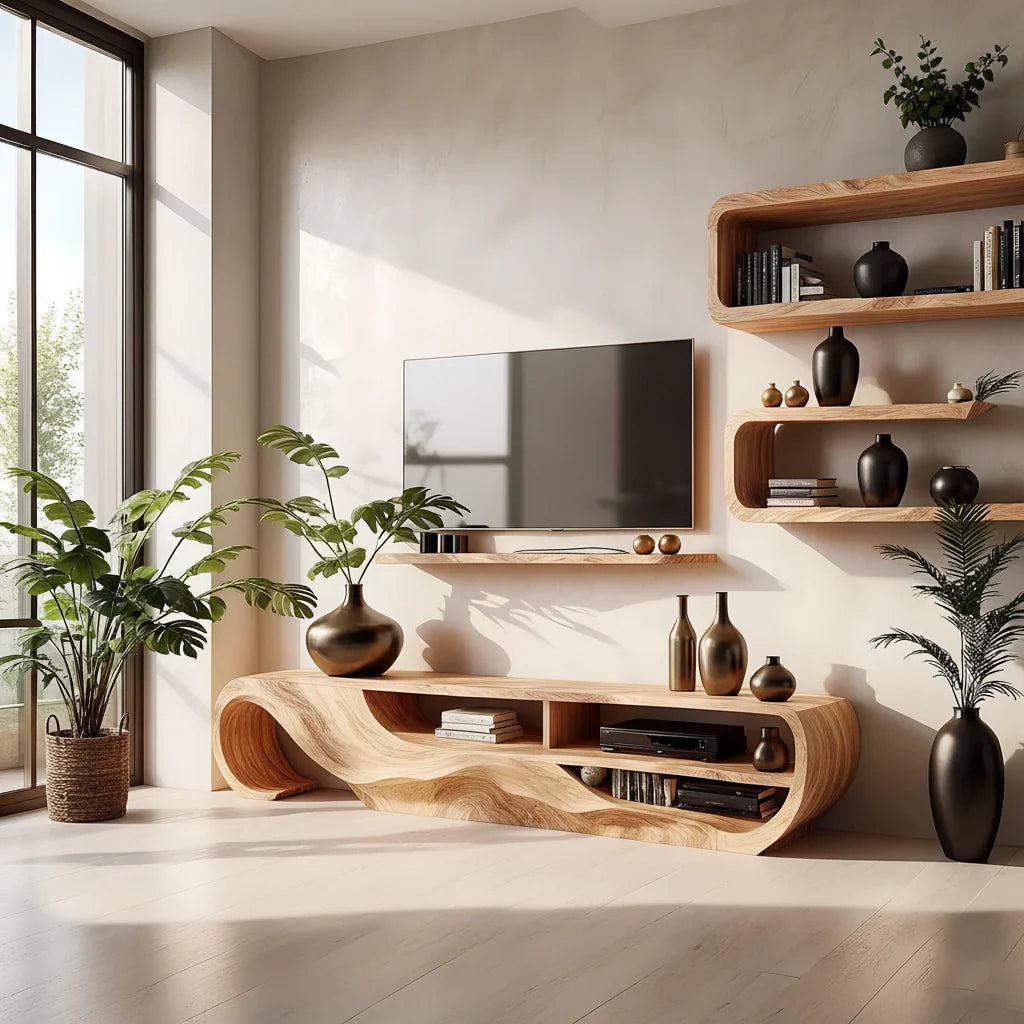 Organic Sculpted Solid Walnut TV Stand - Curved Modern Media Console - Rustira