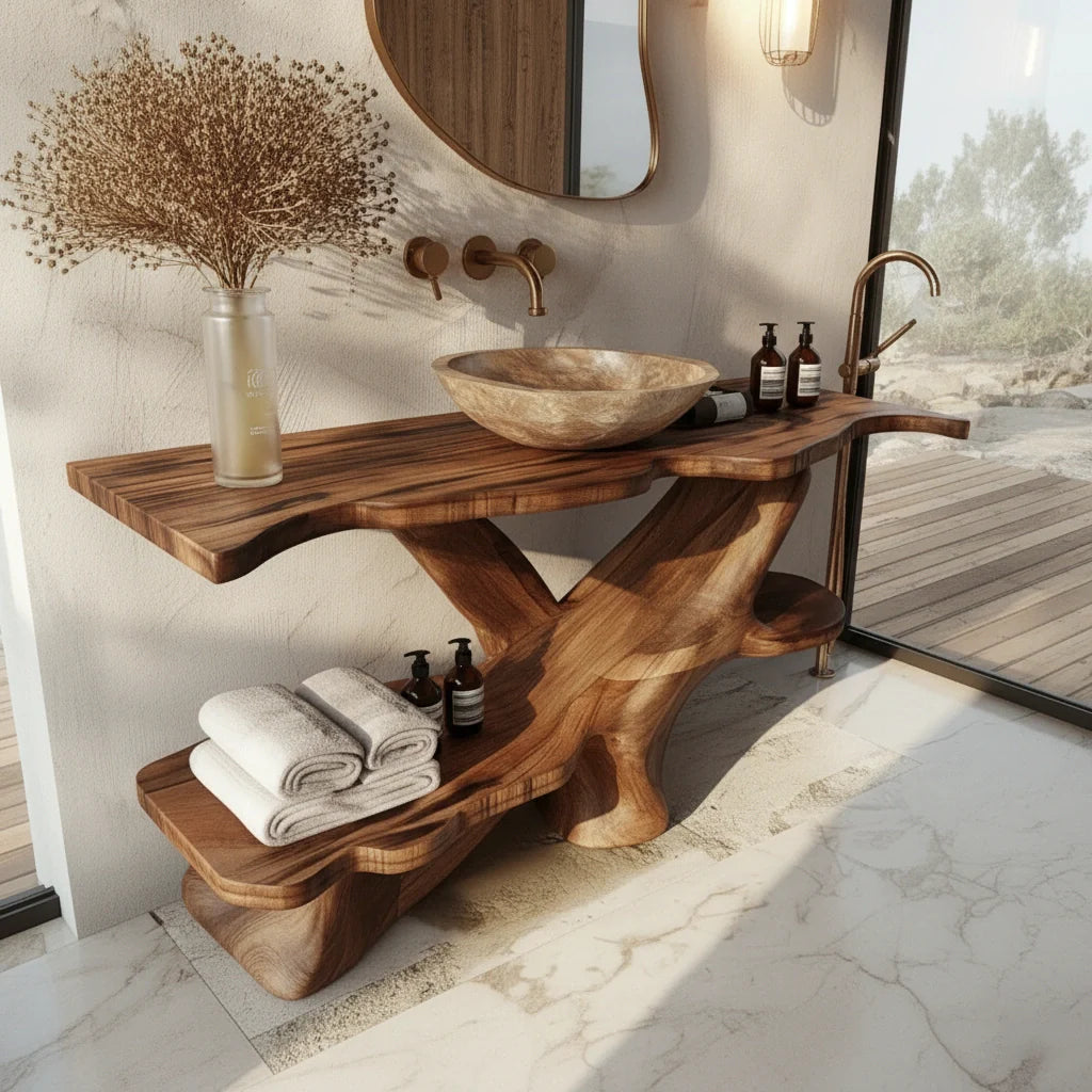 Organic Solid Wood Bathroom Vanity With Sculptural Base & Shelf - Rustira