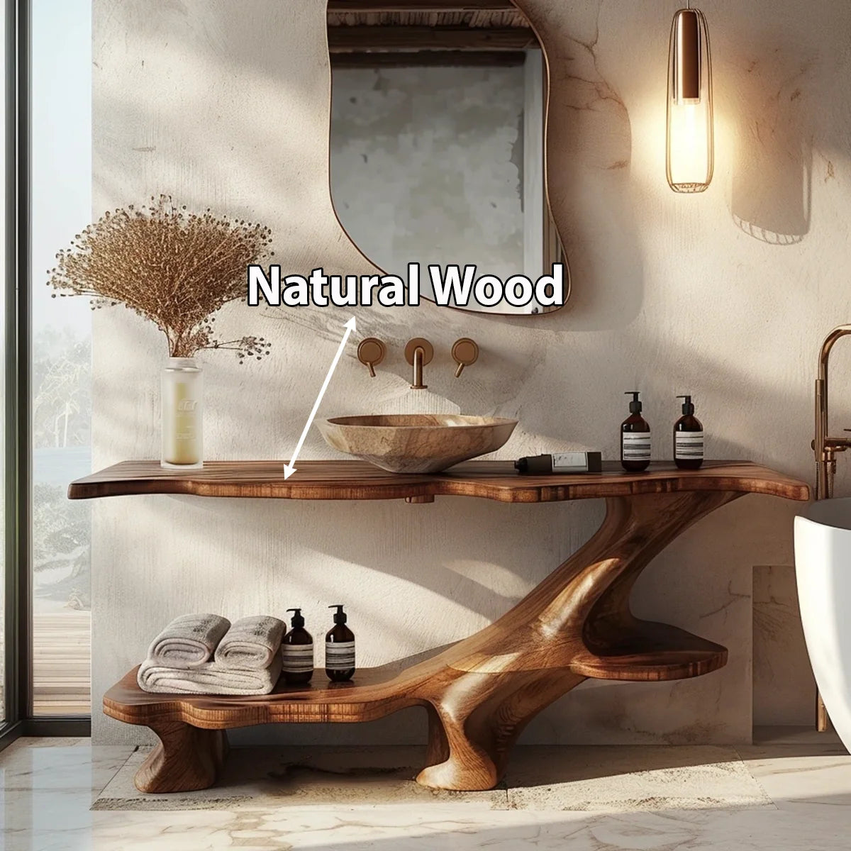 Organic Solid Wood Bathroom Vanity With Sculptural Base & Shelf - Rustira