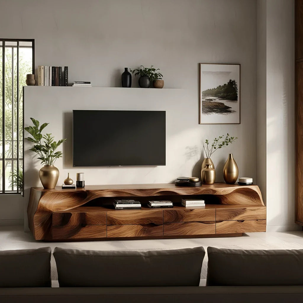 Organic Solid Wood Wave TV Stand - Sculpted Luxury Media Console - Rustira