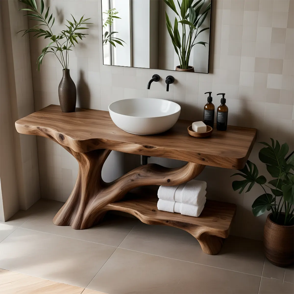 Organic Tree-Inspired Live Edge Solid Wood Bathroom Vanity - Rustira