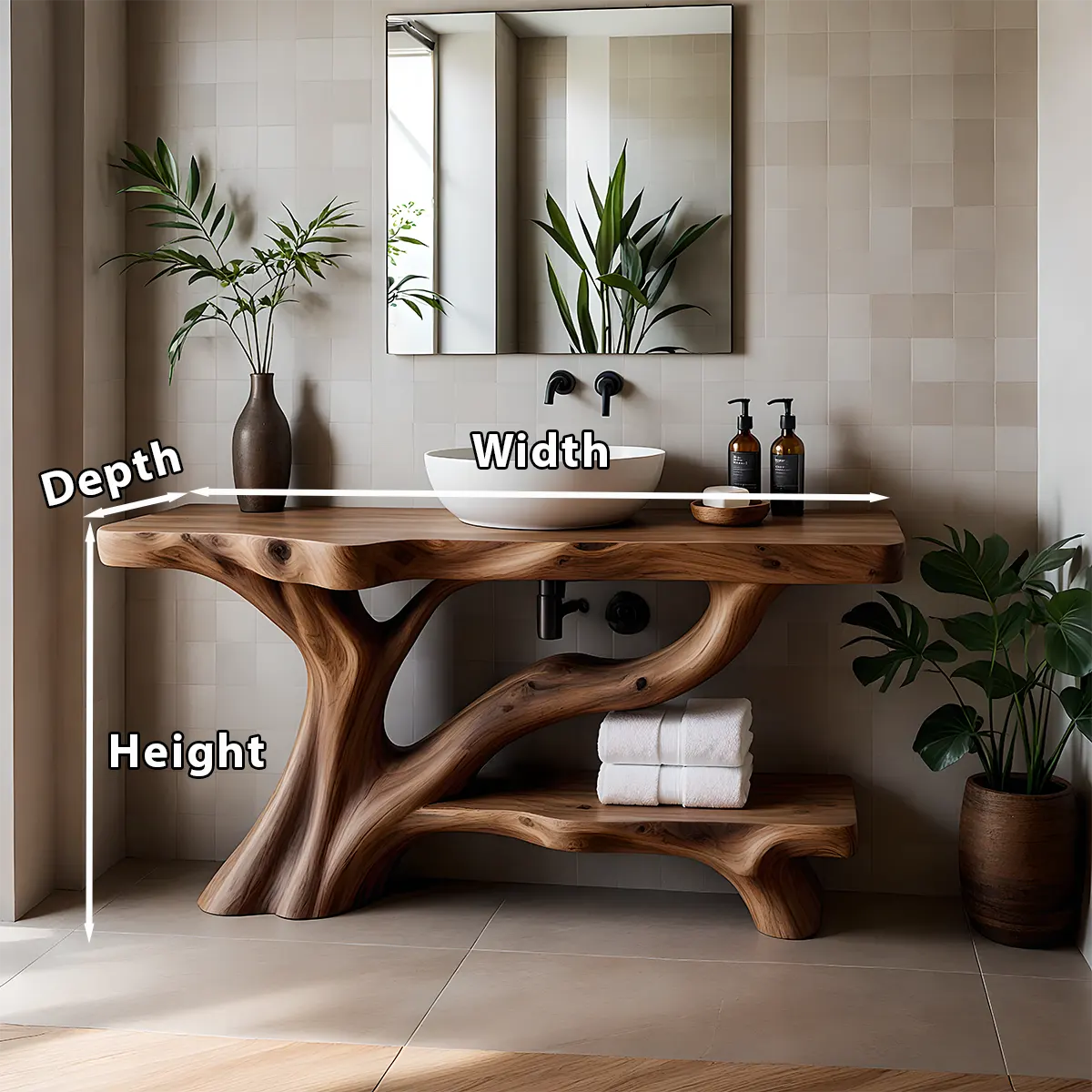 Organic Tree-Inspired Live Edge Solid Wood Bathroom Vanity - Rustira