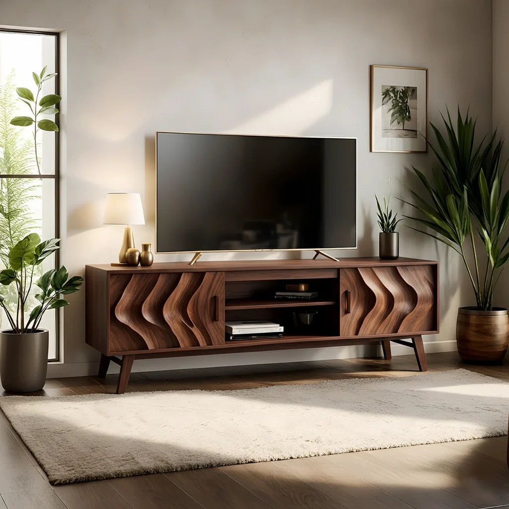 Organic Wave-Front Walnut TV Console - Mid-Century Sculpted Media Unit - Rustira