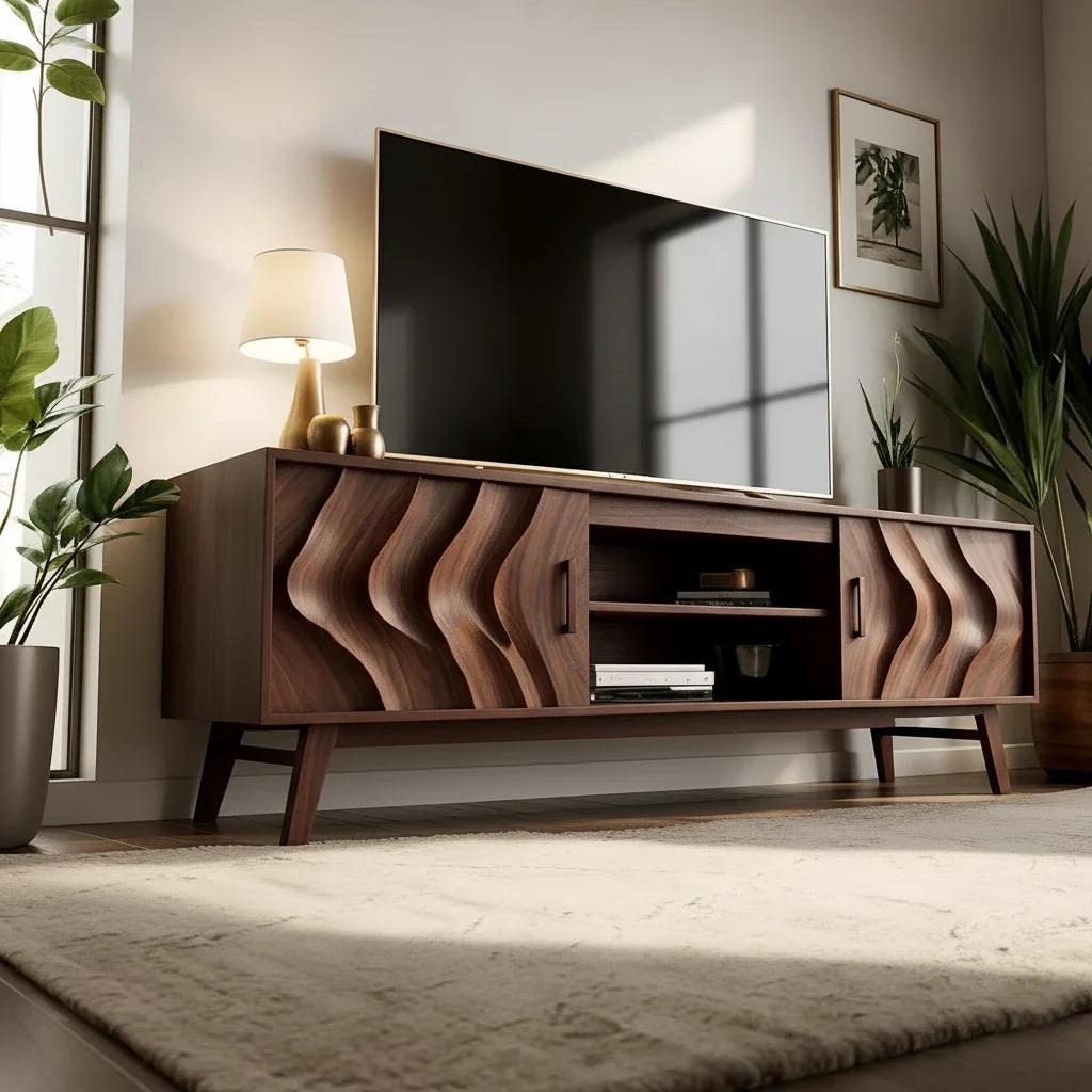 Organic Wave-Front Walnut TV Console - Mid-Century Sculpted Media Unit - Rustira