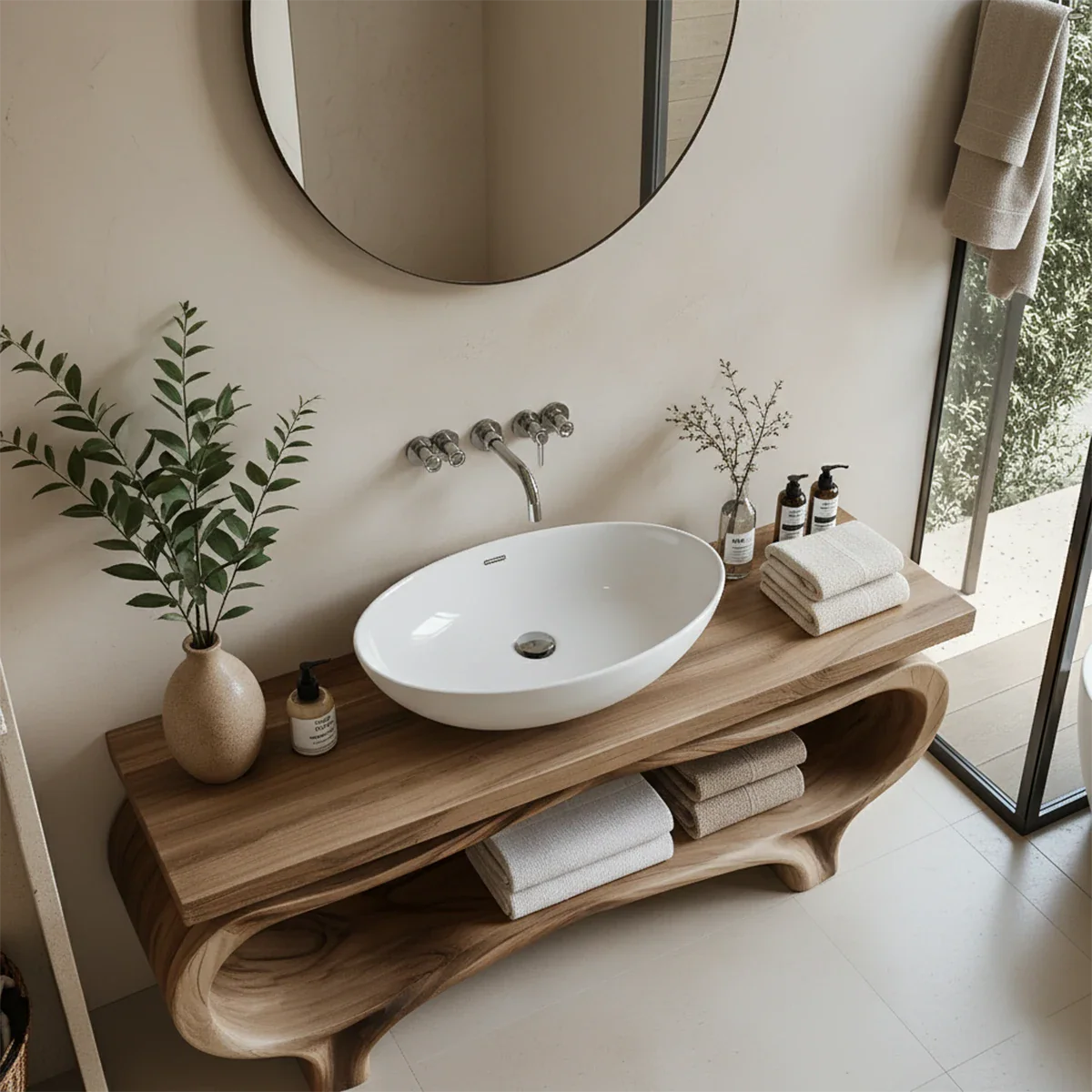 Organic Wave Solid Wood Vanity – Sculpted Open Shelf Spa Console - Rustira