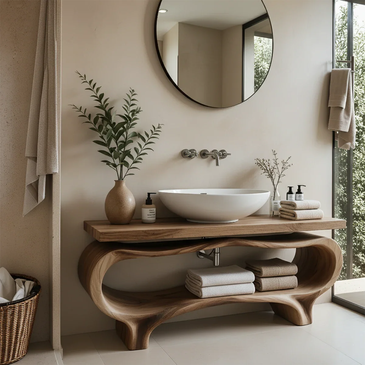 Organic Wave Solid Wood Vanity – Sculpted Open Shelf Spa Console - Rustira