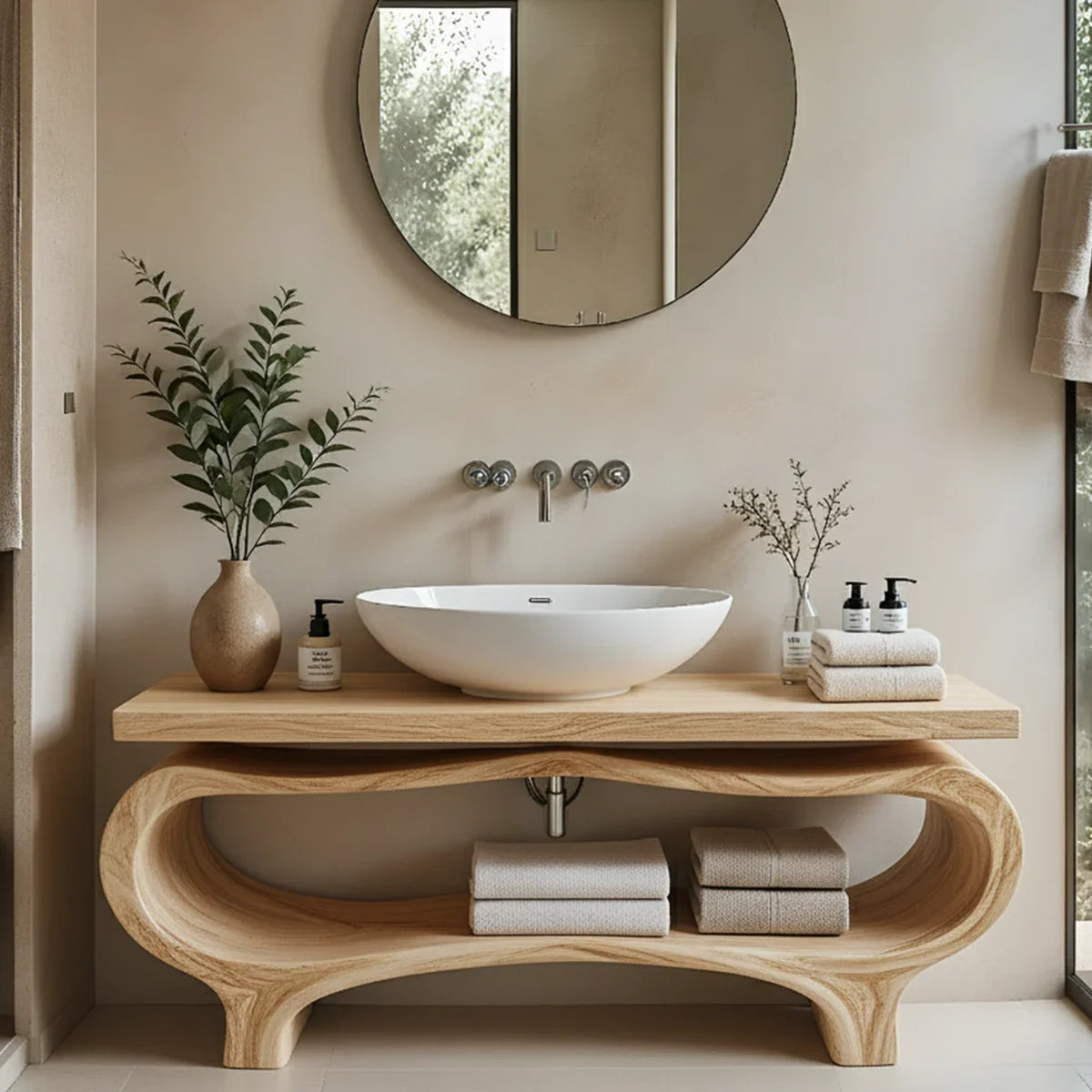 Organic Wave Solid Wood Vanity – Sculpted Open Shelf Spa Console - Rustira