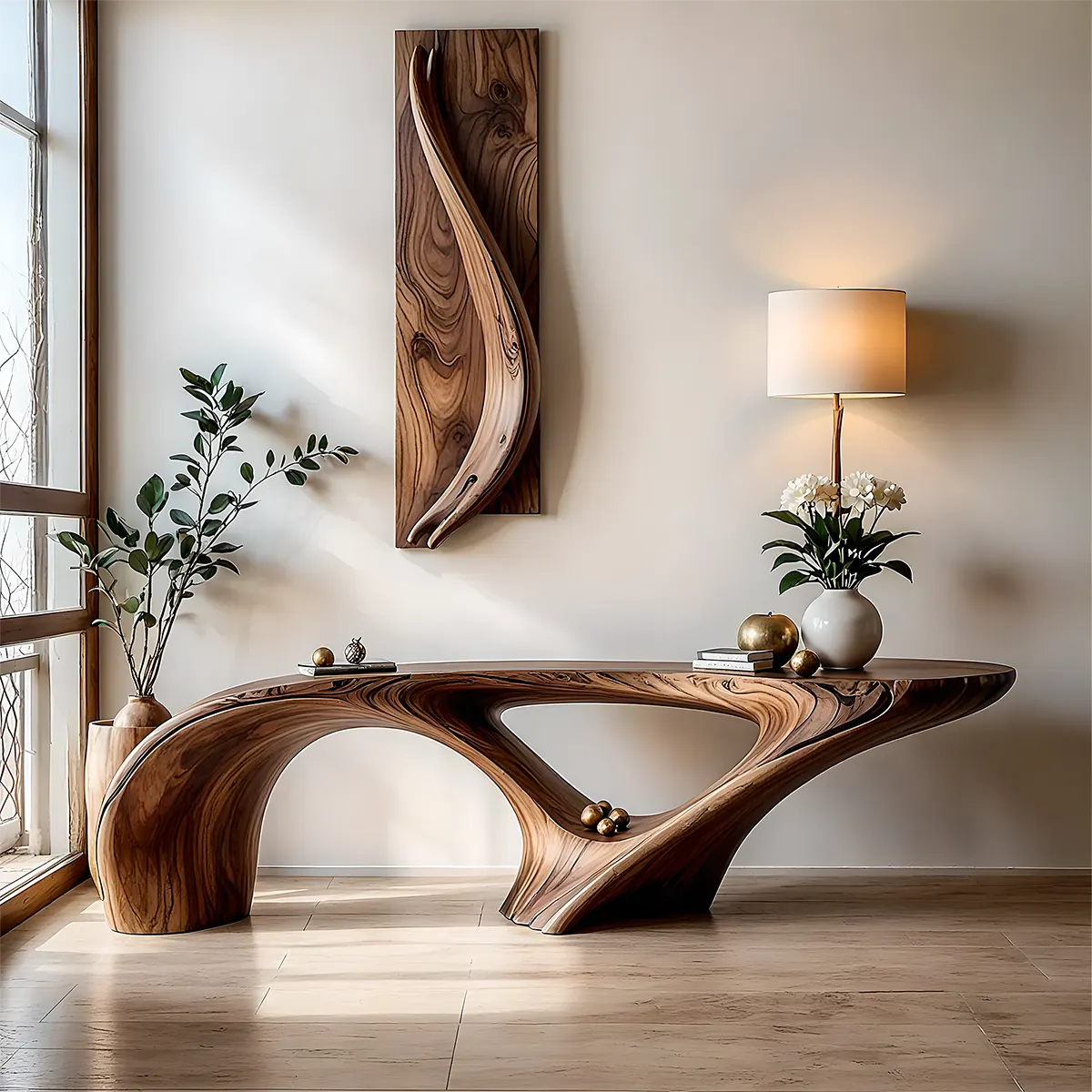 Organic Wave Walnut Console Table – Handcrafted Wood Art - Rustira