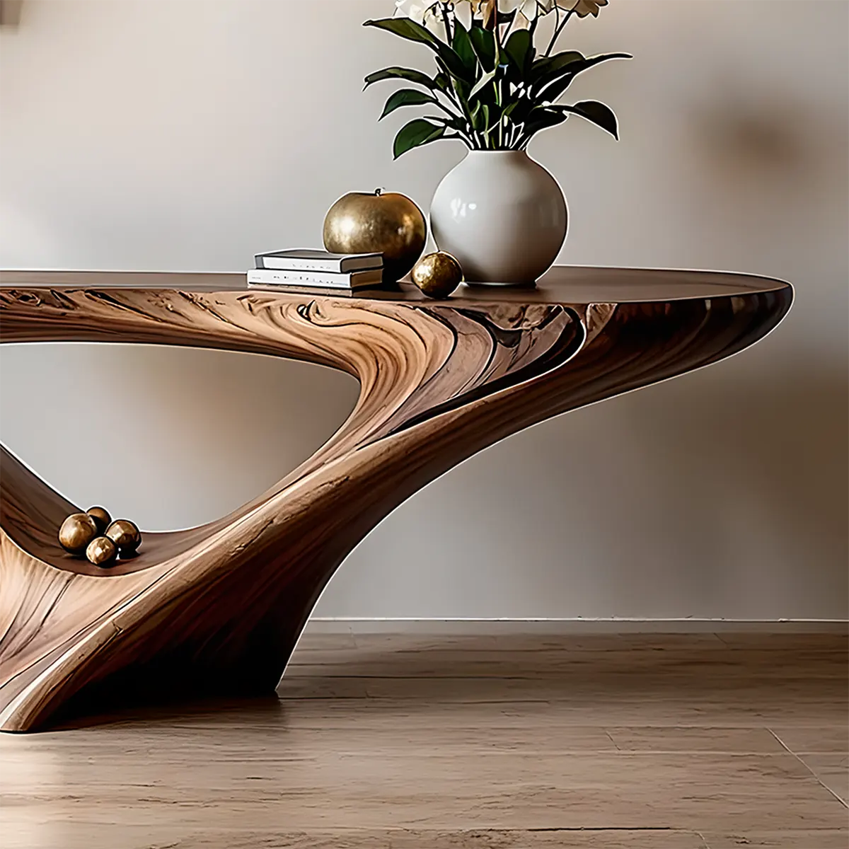 Organic Wave Walnut Console Table – Handcrafted Wood Art - Rustira