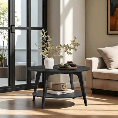 Round Wooden Coffee Table — Minimalist Design, 2 Convenient Tiers 