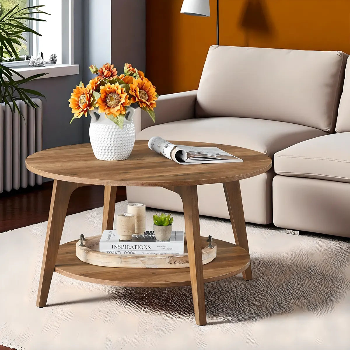 Round Wooden Coffee Table — Minimalist Design, 2 Convenient Tiers 
