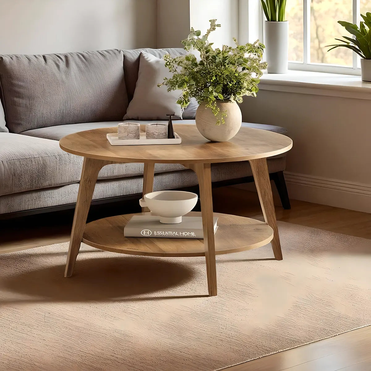 Round Wooden Coffee Table — Minimalist Design, 2 Convenient Tiers 