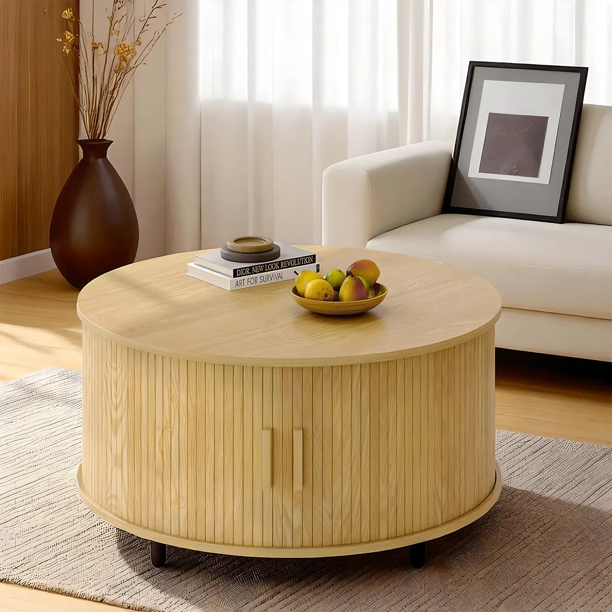 Round Wooden Coffee Table With Drawers, Minimalist and Functional Scandi 