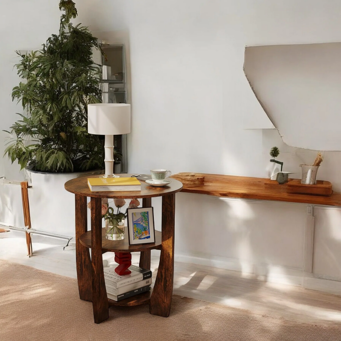 Round Wooden Side Table with 3-Tier Storage Shelves 