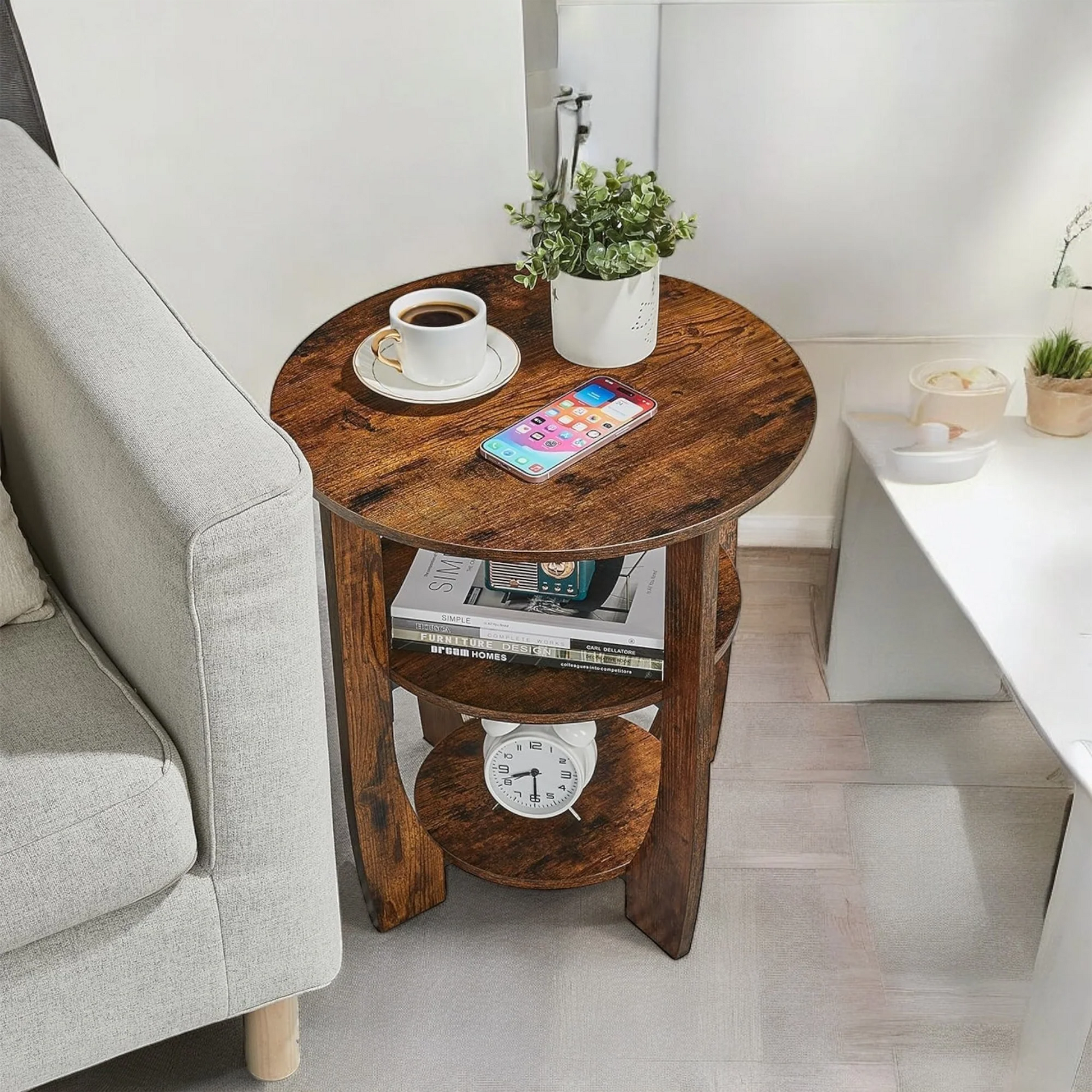 Round Wooden Side Table with 3-Tier Storage Shelves 