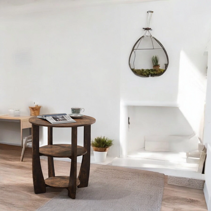 Round Wooden Side Table with 3-Tier Storage Shelves 