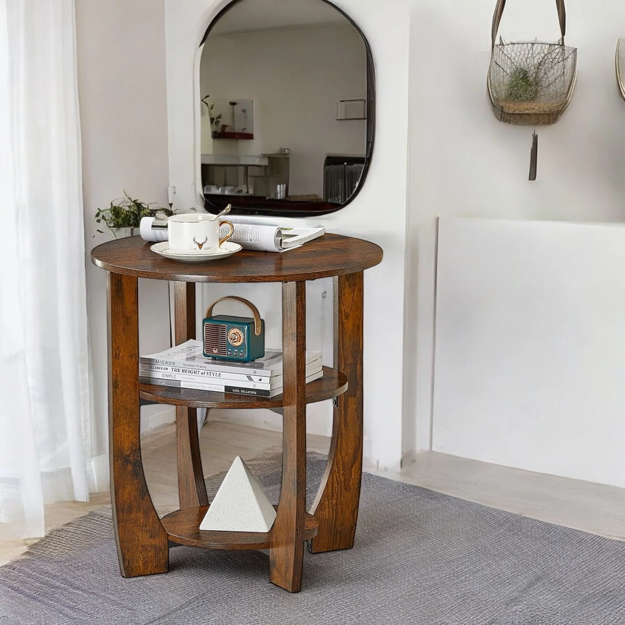 Round Wooden Side Table with 3-Tier Storage Shelves 