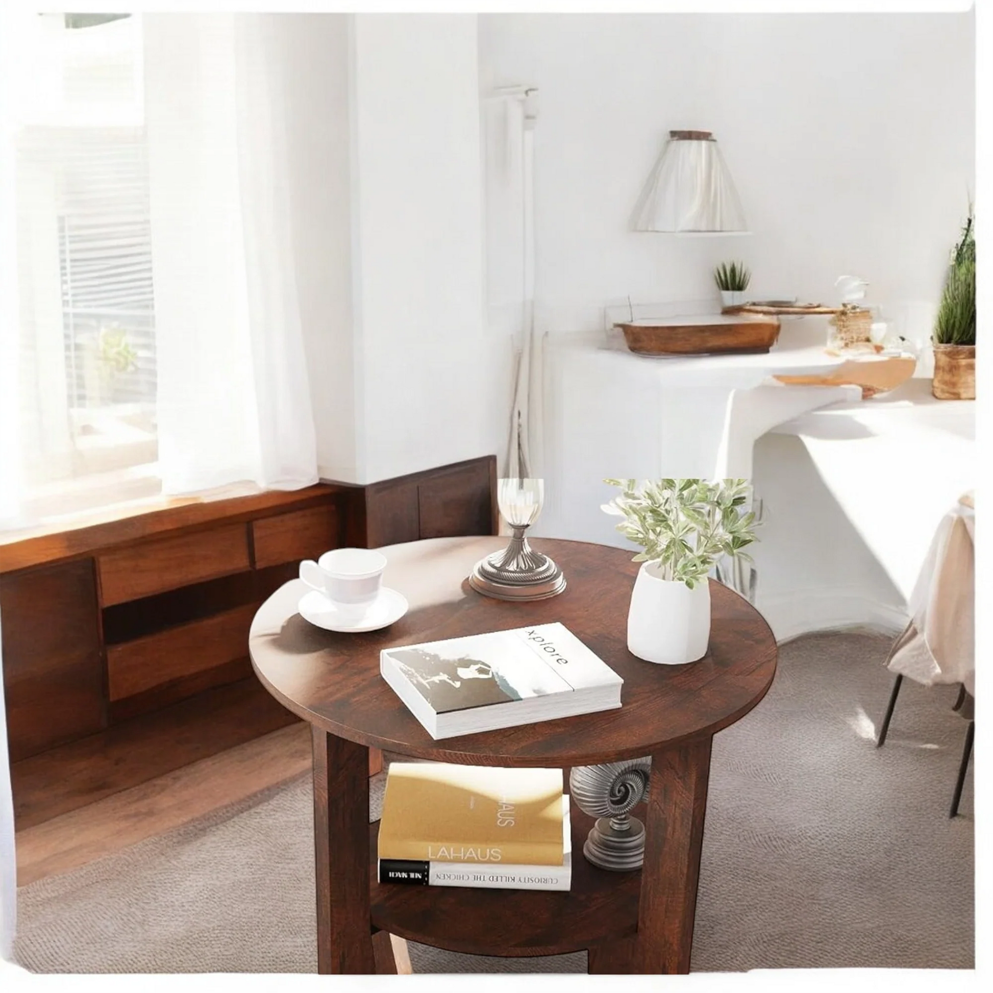 Round Wooden Side Table with 3-Tier Storage Shelves 