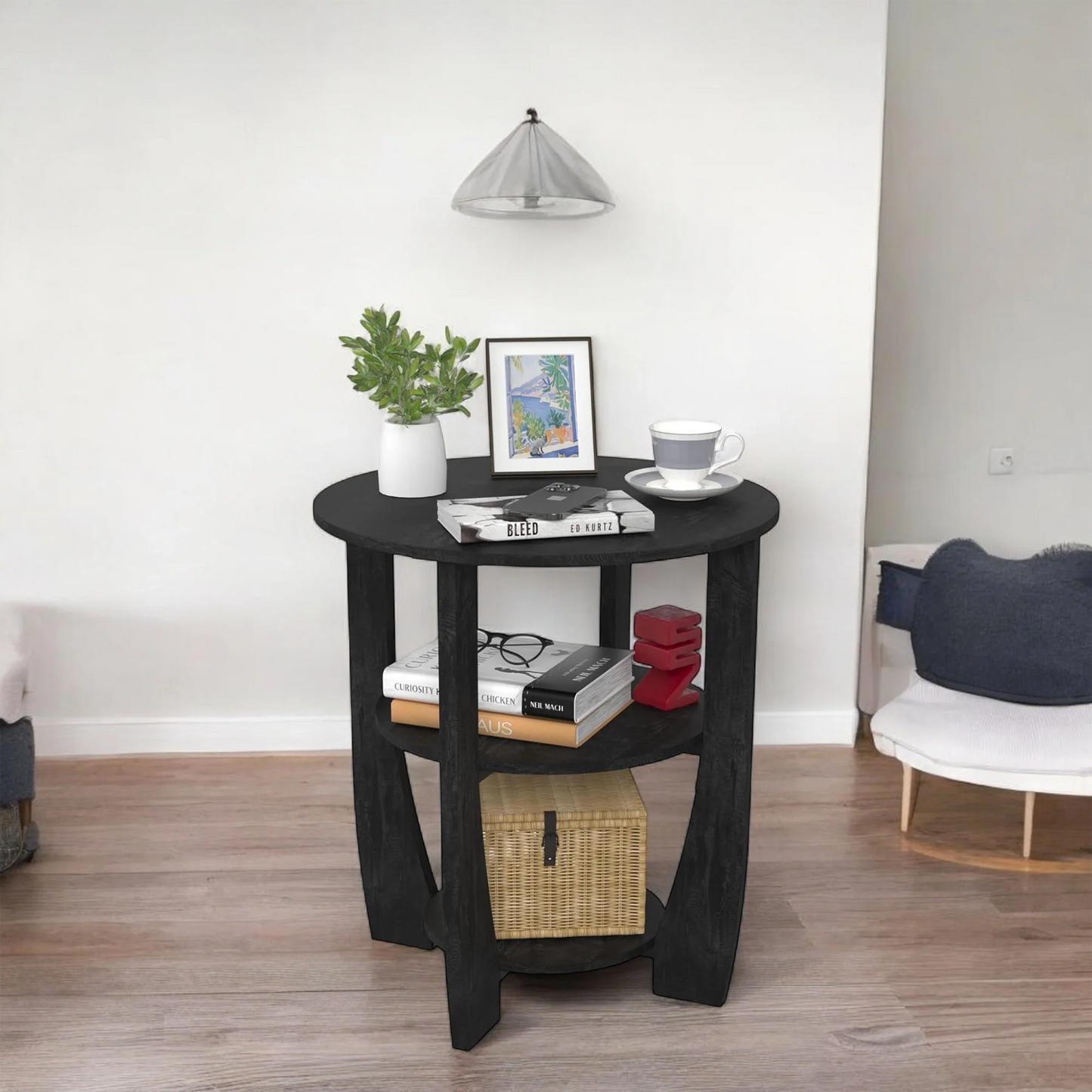 Round Wooden Side Table with 3-Tier Storage Shelves 