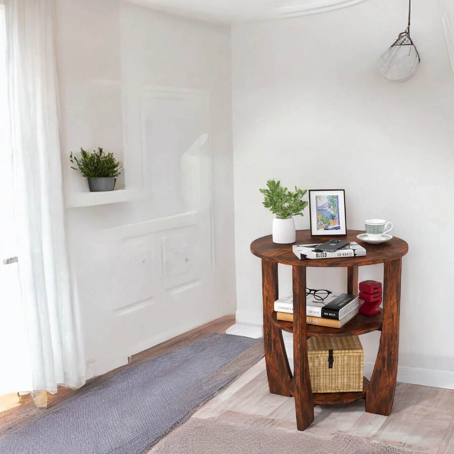 Round Wooden Side Table with 3-Tier Storage Shelves 