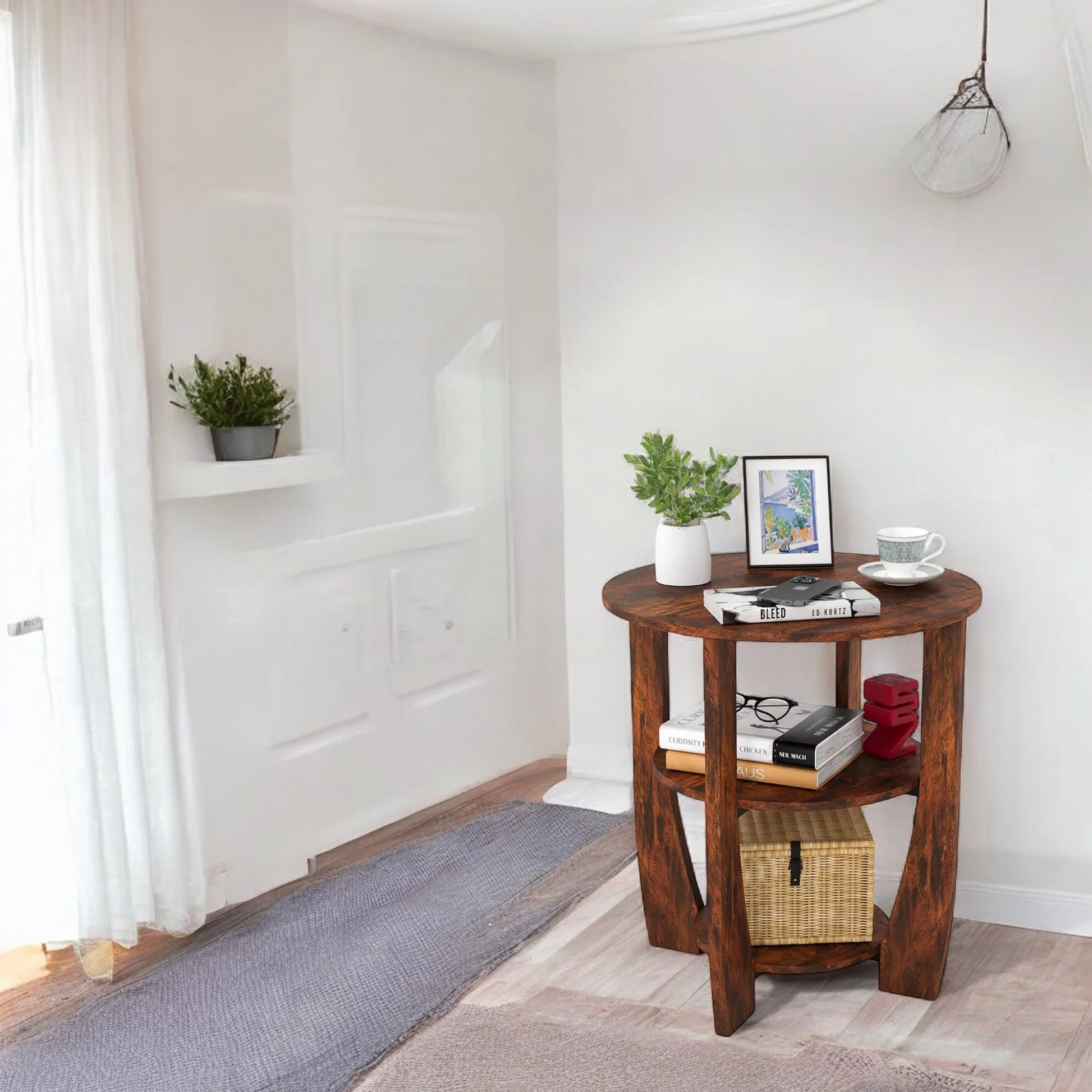 Round Wooden Side Table with 3-Tier Storage Shelves 