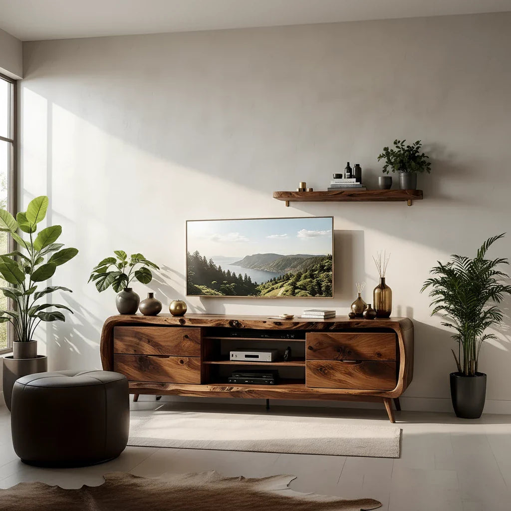 Rounded Edge Solid Wood TV Stand - Organic Modern Media Console - Rustira