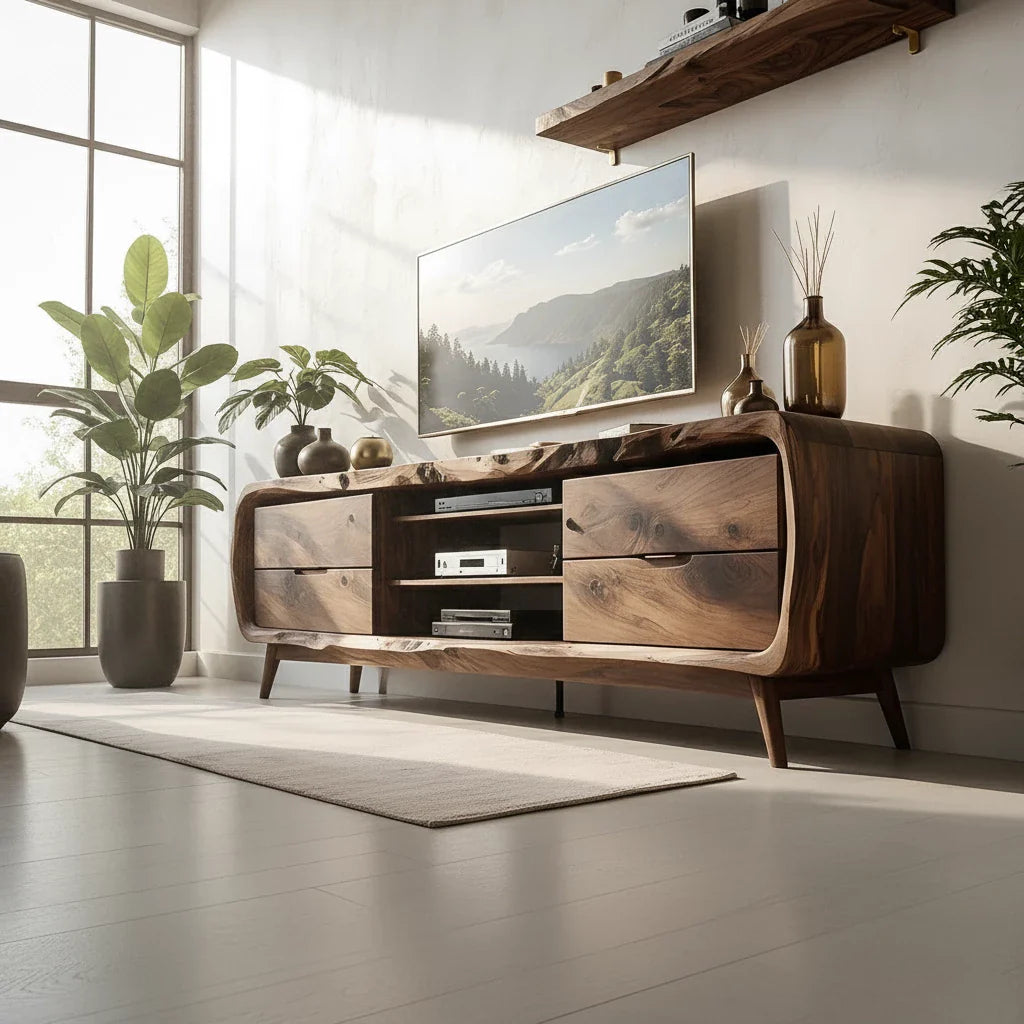 Rounded Edge Solid Wood TV Stand - Organic Modern Media Console - Rustira