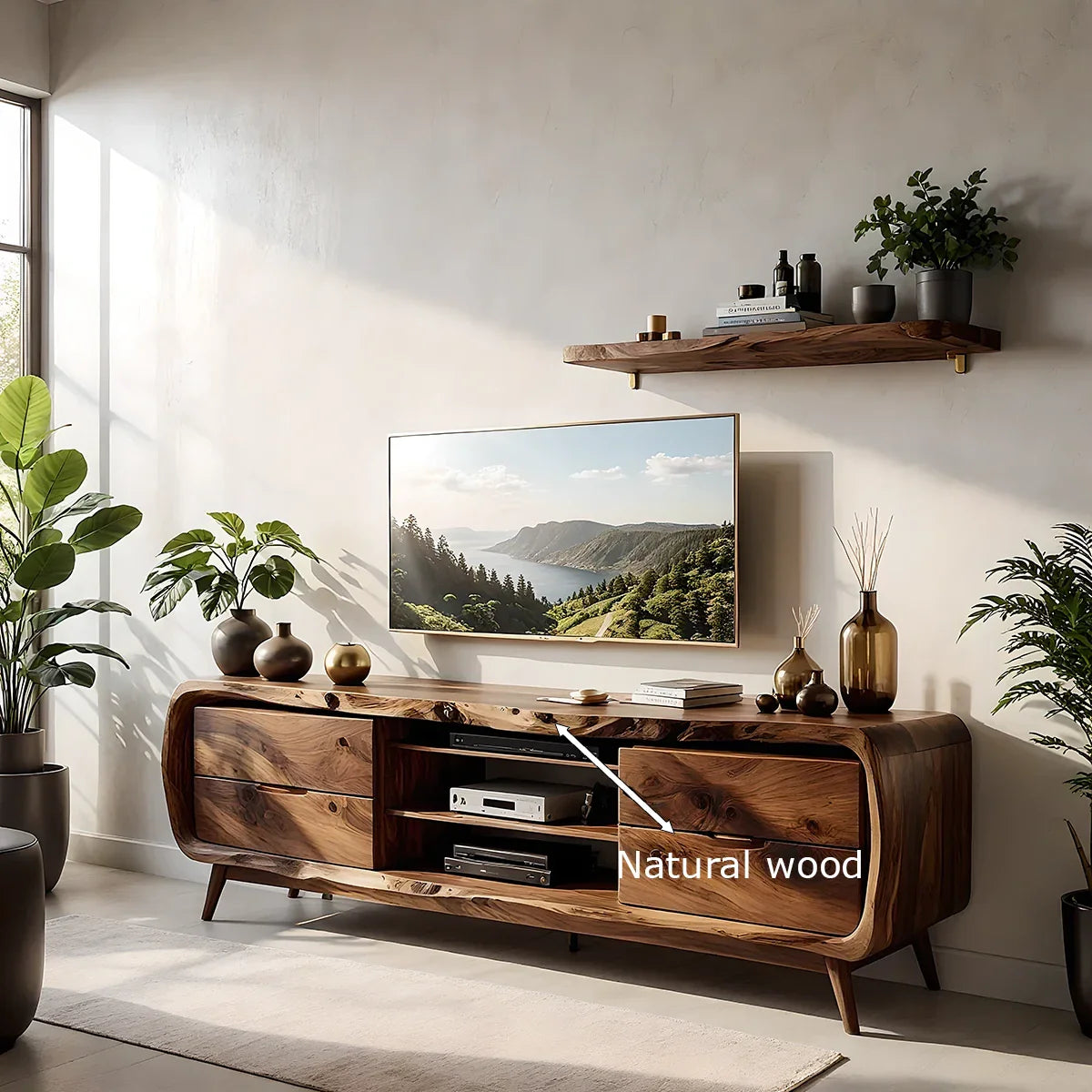 Rounded Edge Solid Wood TV Stand - Organic Modern Media Console - Rustira