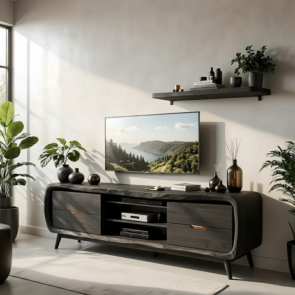 Rounded Edge Solid Wood TV Stand - Organic Modern Media Console - Rustira