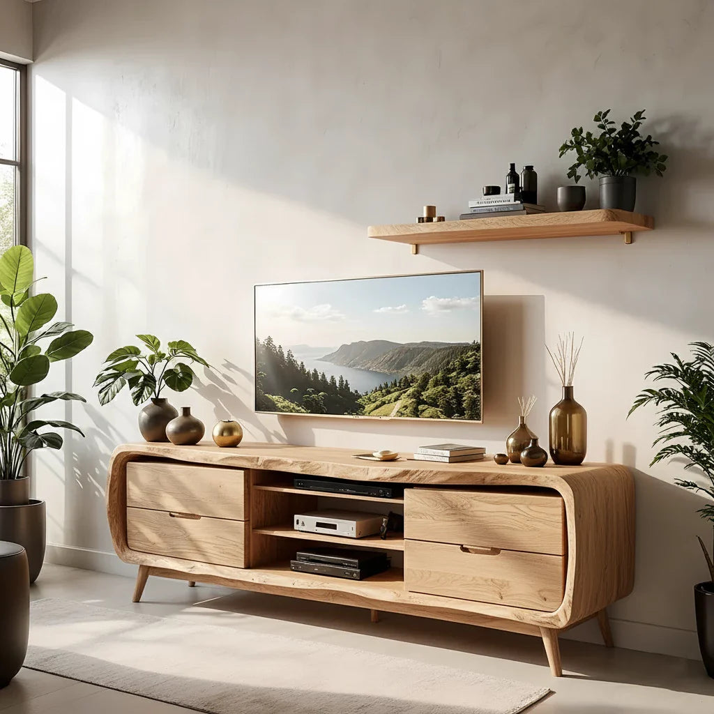 Rounded Edge Solid Wood TV Stand - Organic Modern Media Console - Rustira