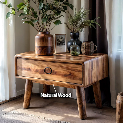 Rounded Solid Wood Nightstand – Minimalist Single-Drawer Design - Rustirawood