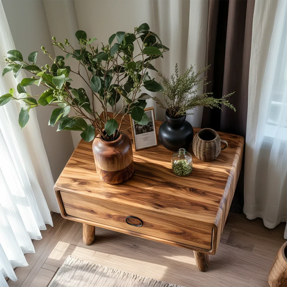 Rounded Solid Wood Nightstand – Minimalist Single-Drawer Design - Rustirawood