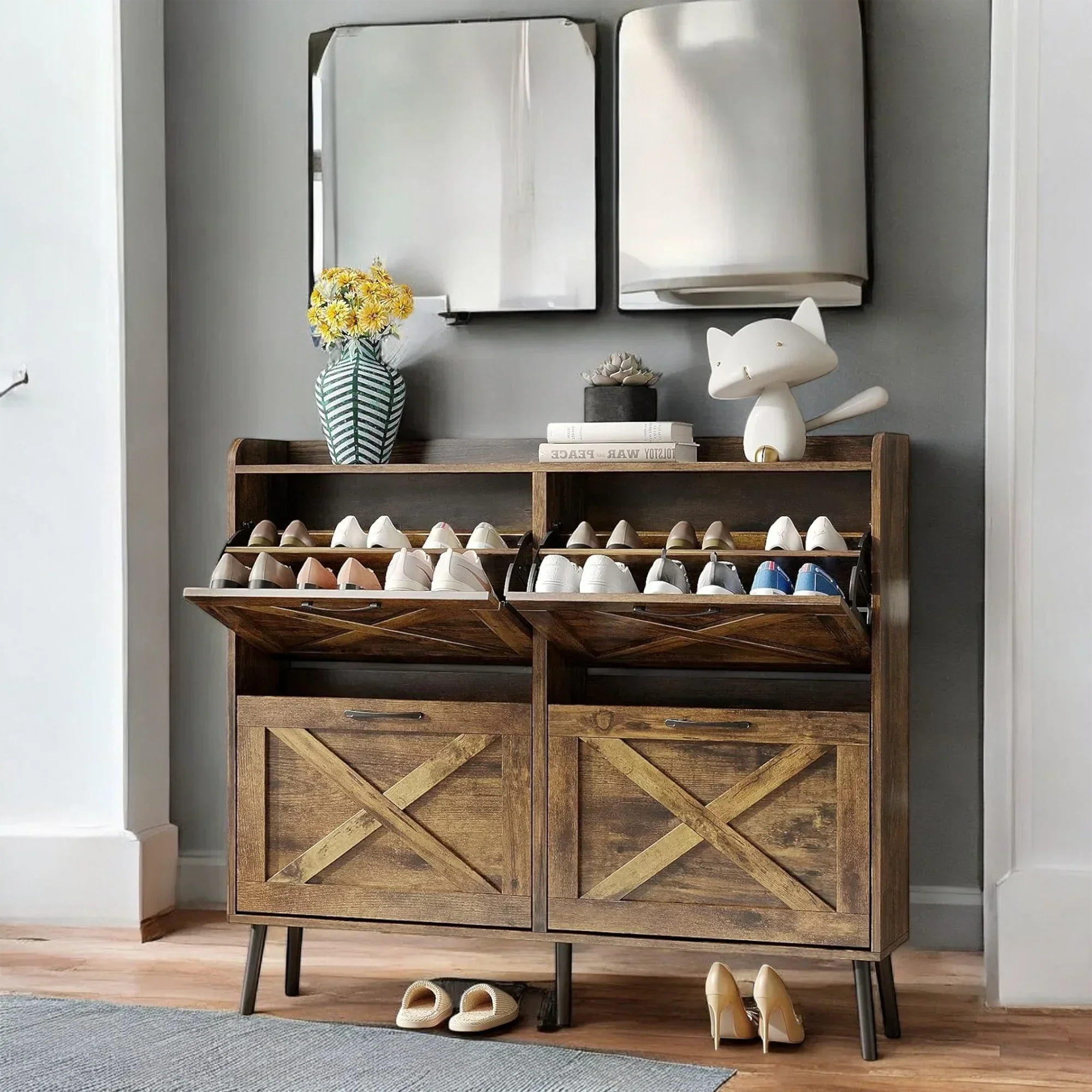 Rustic 4-Tier Wooden Shoe Cabinet with Flip Drawers & Legs 