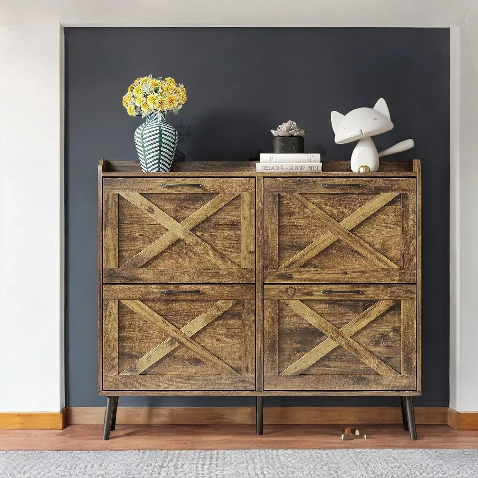 Rustic 4-Tier Wooden Shoe Cabinet with Flip Drawers & Legs 