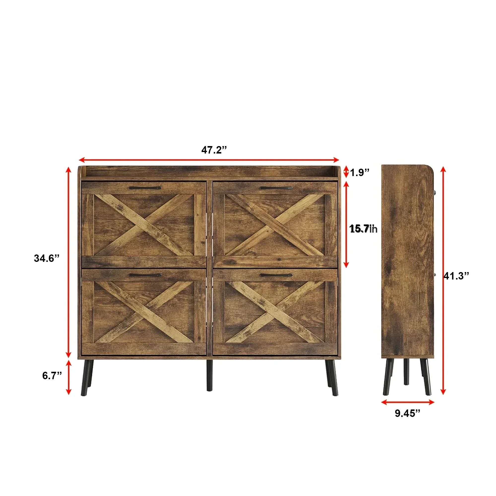Rustic 4-Tier Wooden Shoe Cabinet with Flip Drawers & Legs 