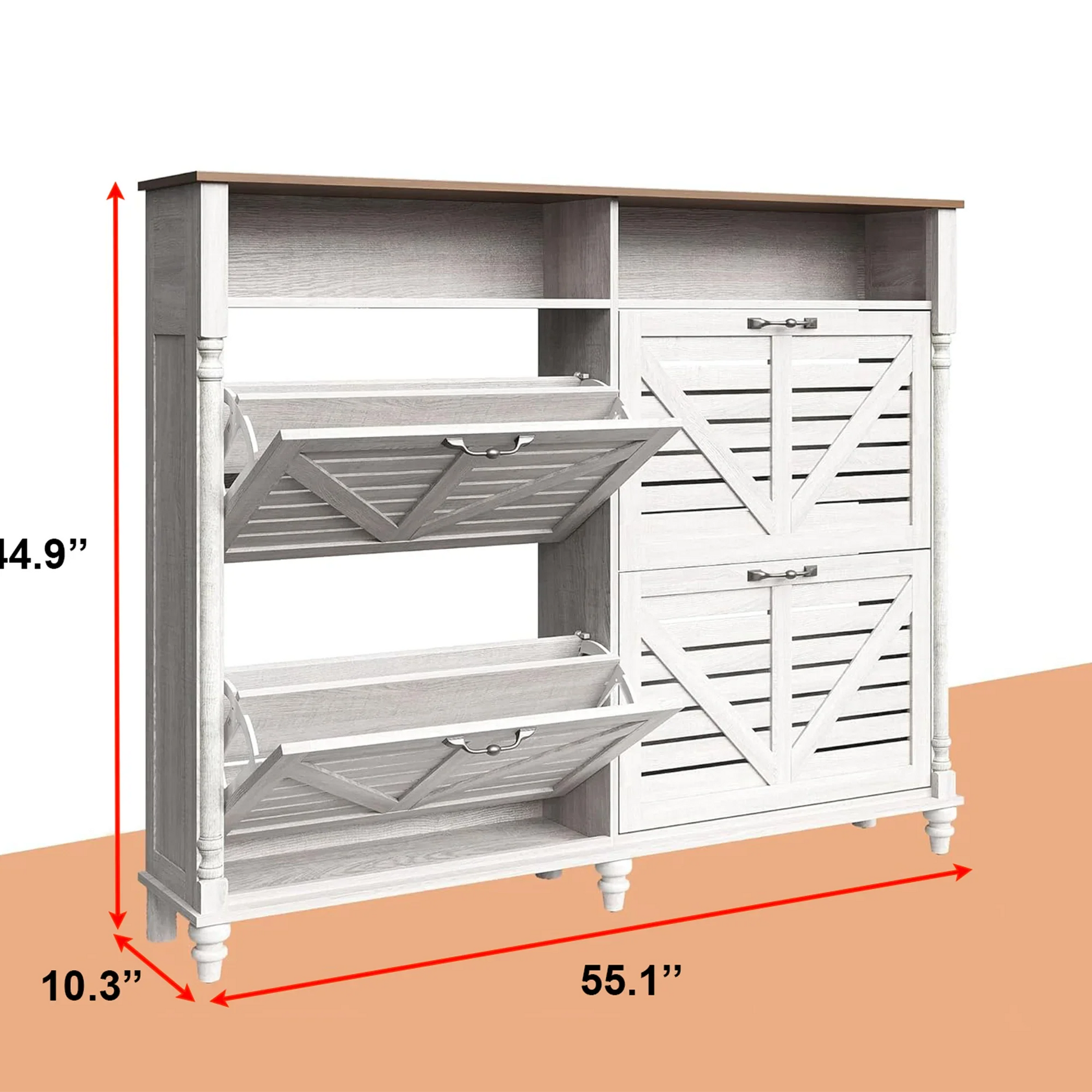 Rustic Farmhouse Shoe Cabinet with Flip Drawers & Storage 