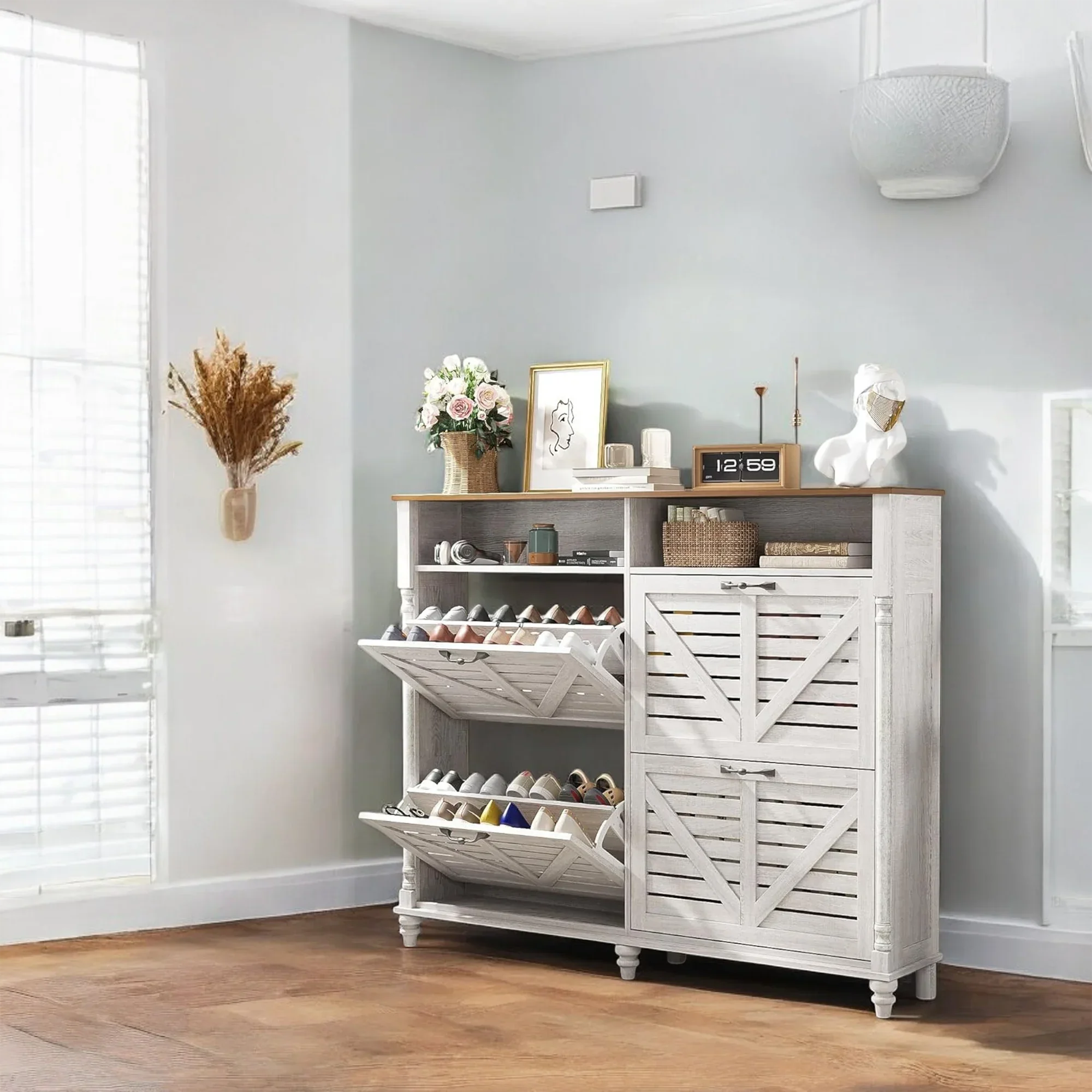 Rustic Farmhouse Shoe Cabinet with Flip Drawers & Storage 