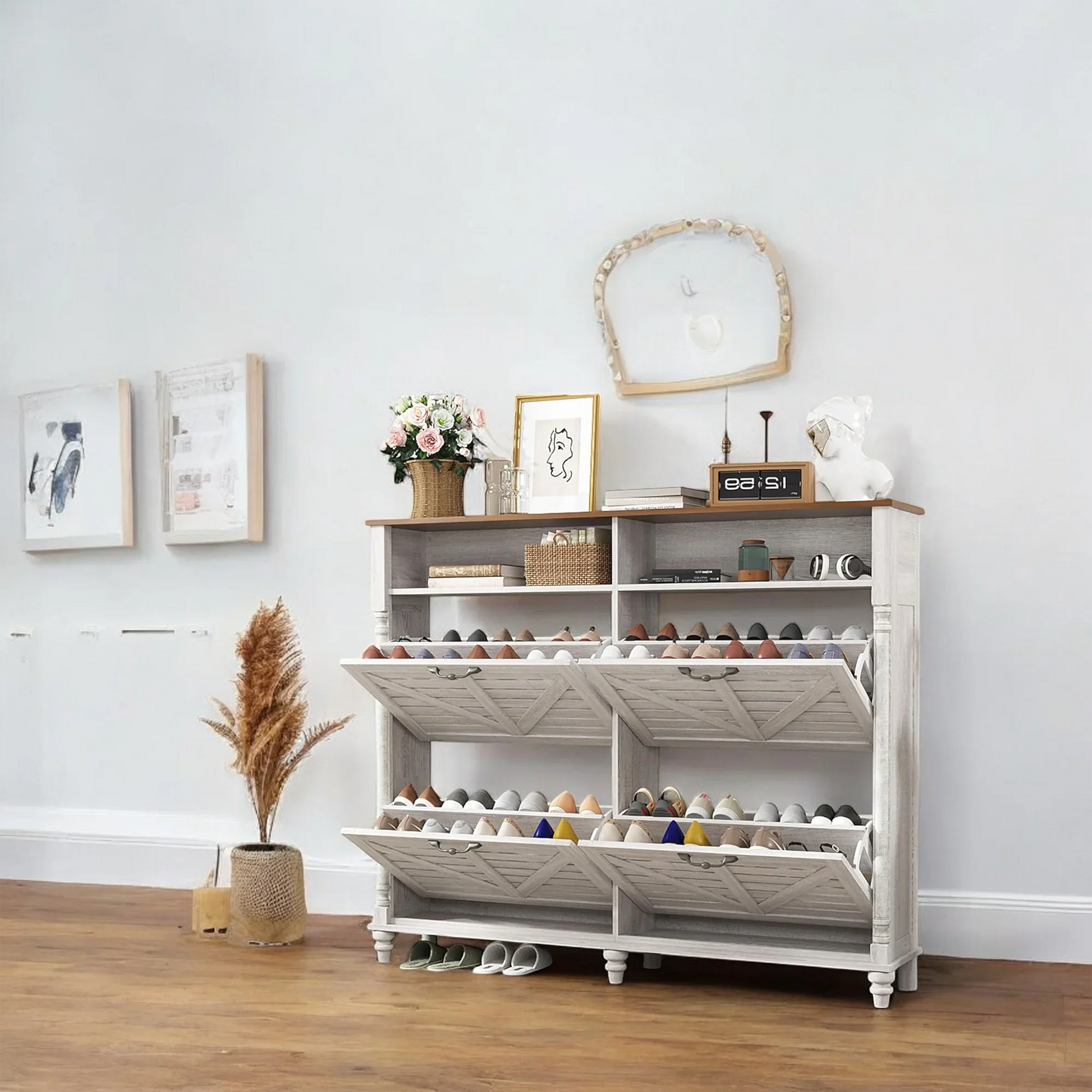 Rustic Farmhouse Shoe Cabinet with Flip Drawers & Storage 
