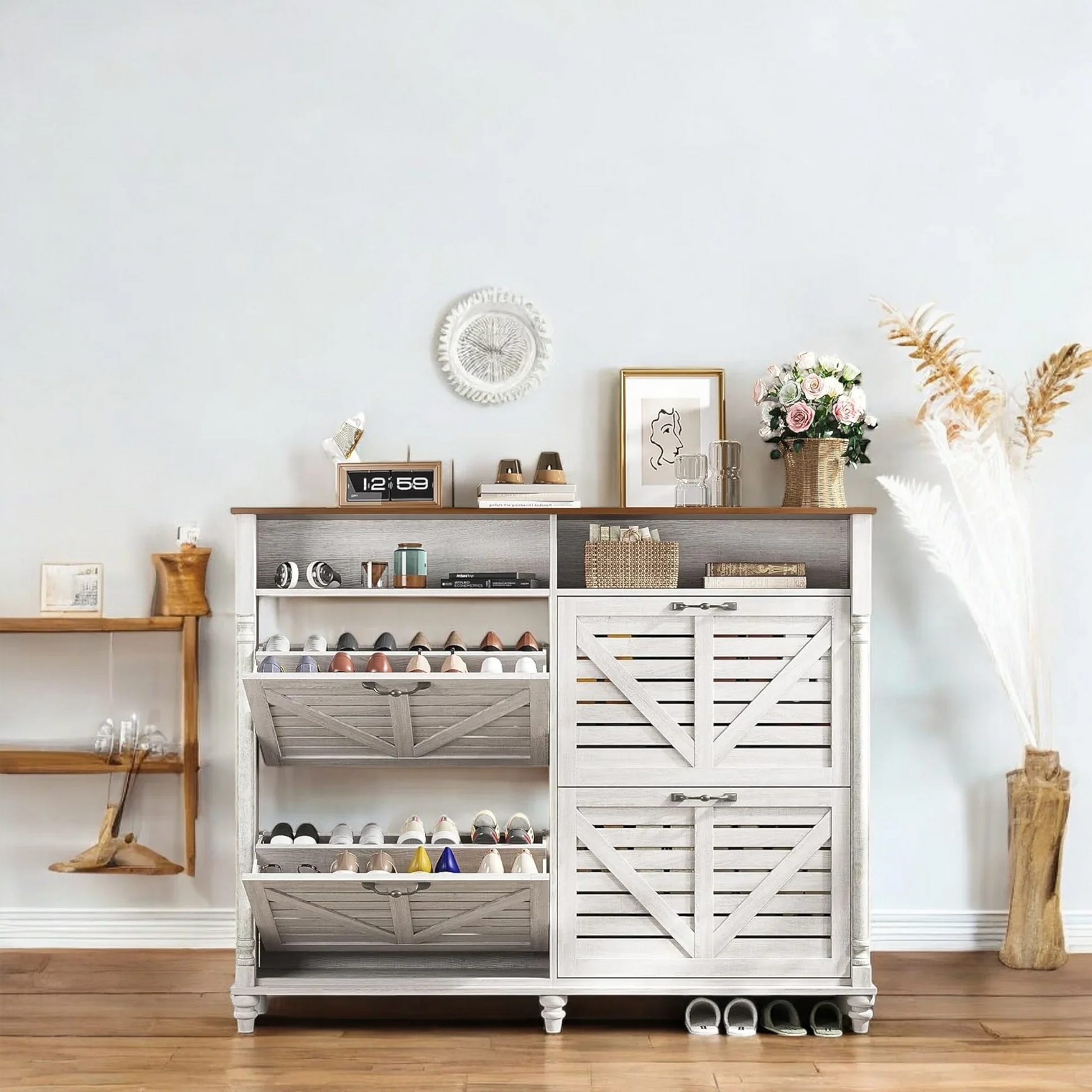 Rustic Farmhouse Shoe Cabinet with Flip Drawers & Storage 