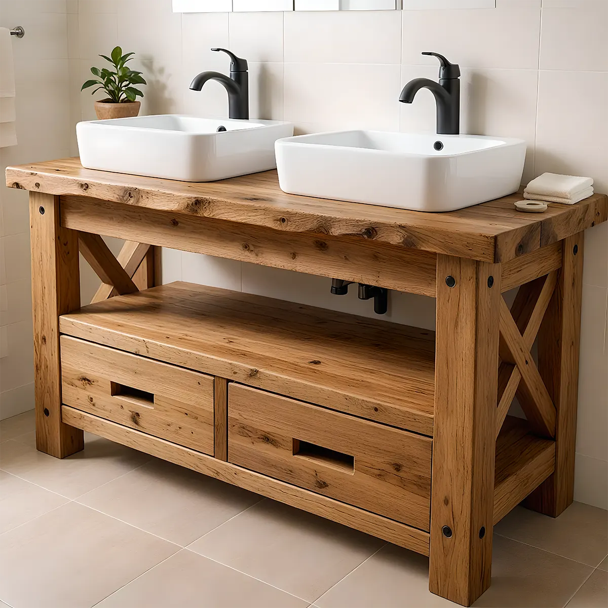 Rustic Farmhouse Solid Wood Double Sink Vanity With Drawers - Rustira