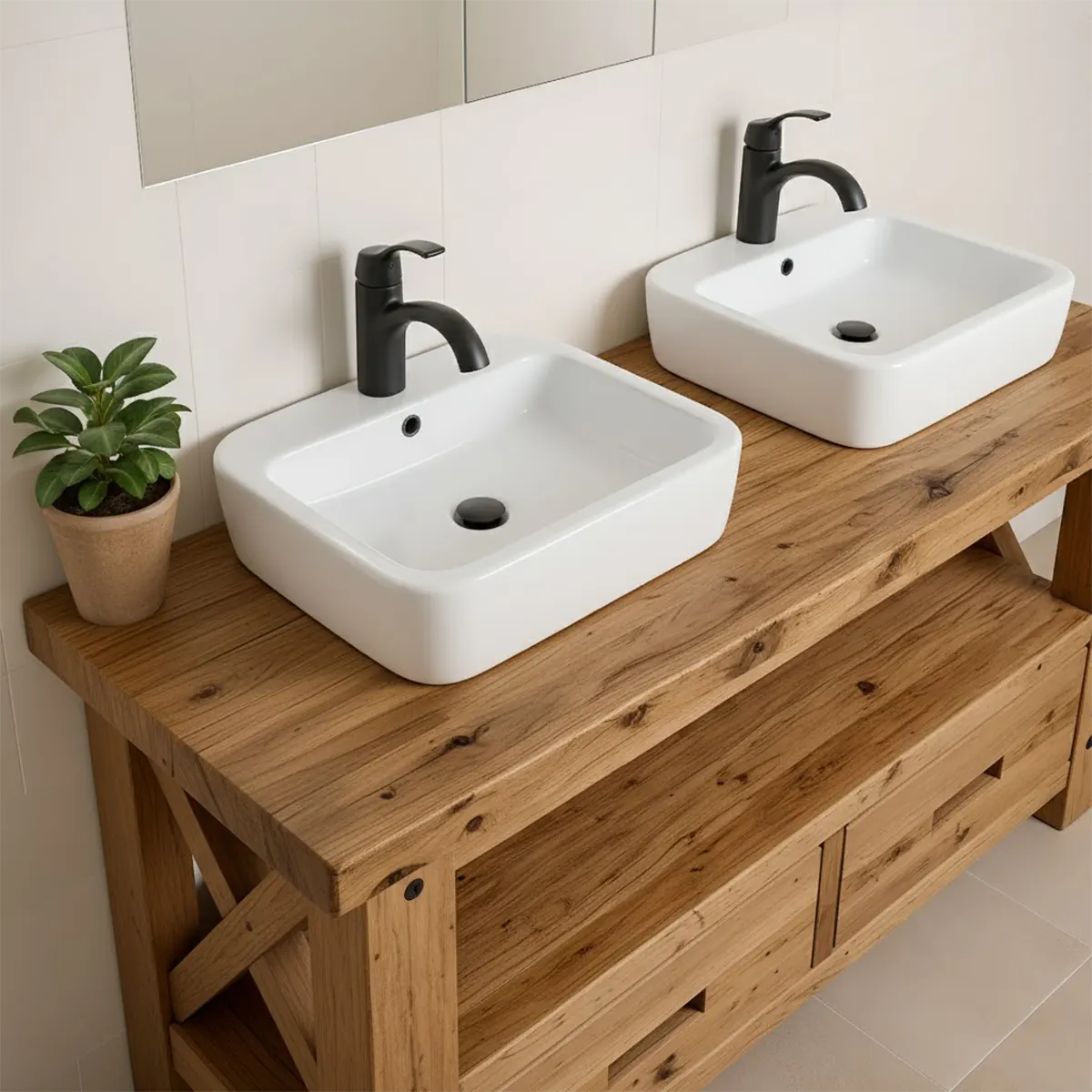 Rustic Farmhouse Solid Wood Double Sink Vanity With Drawers - Rustira
