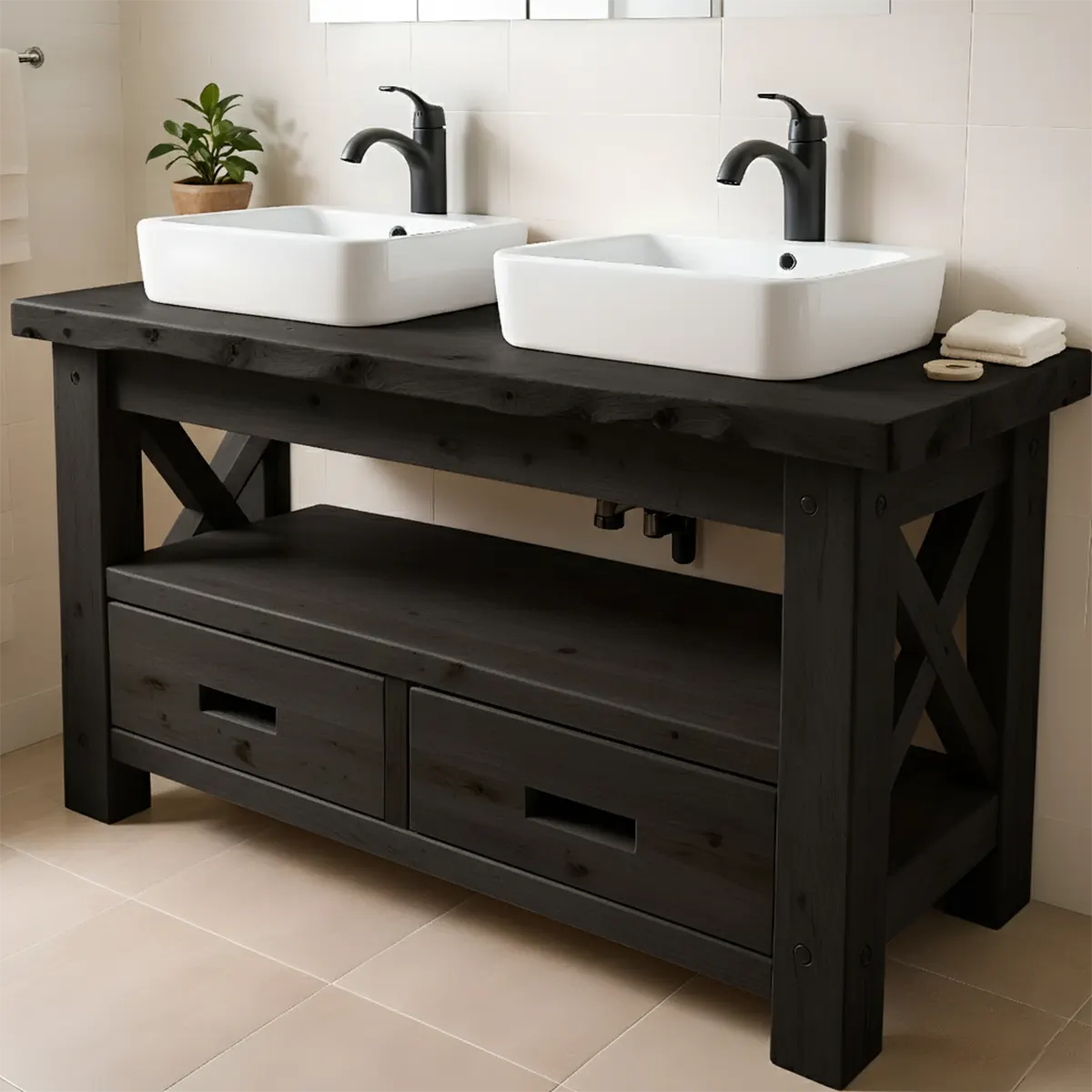Rustic Farmhouse Solid Wood Double Sink Vanity With Drawers - Rustira